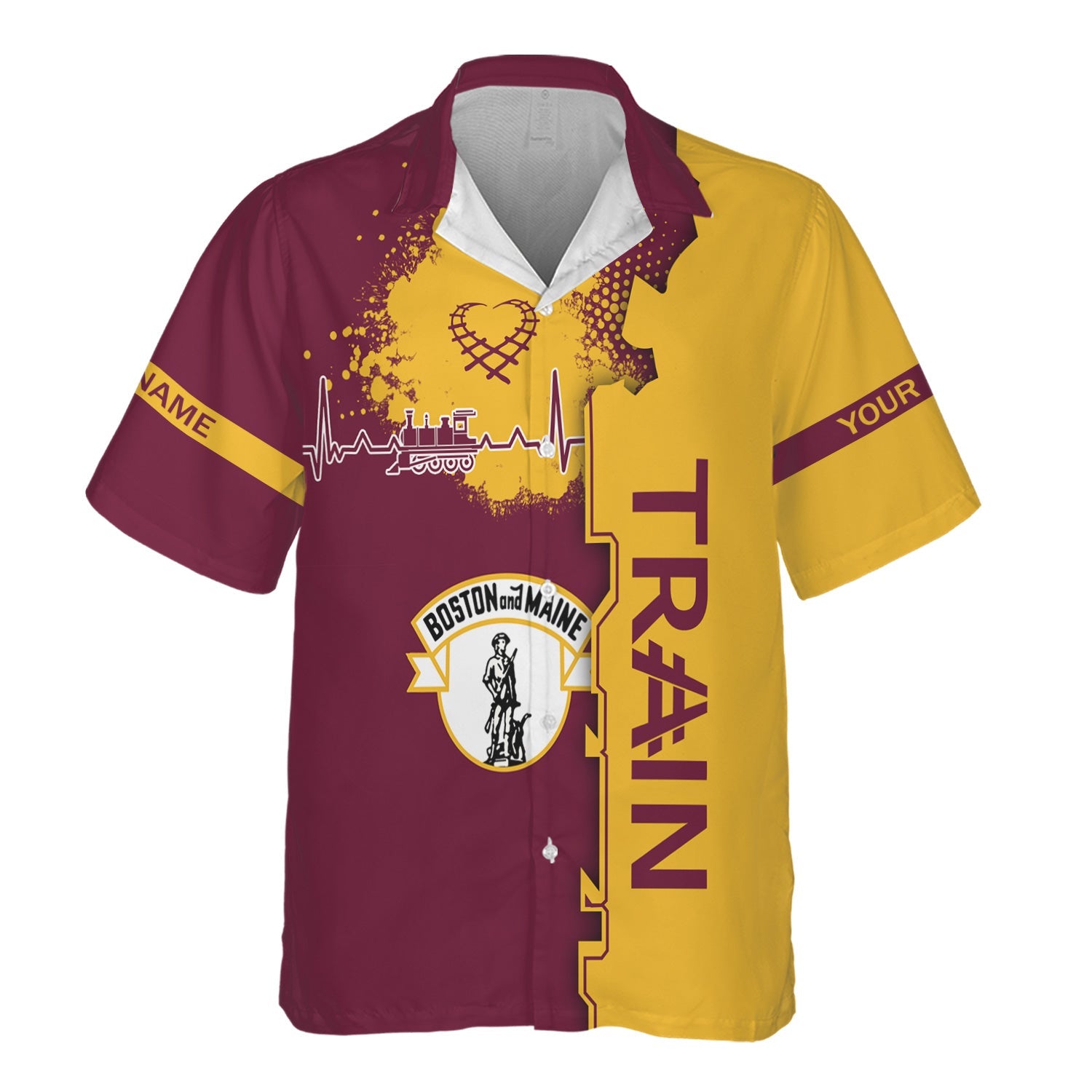 Railspirit Personalized Boston and Maine Railroad Hawaiian Shirt Engine Heartbeat and Track Love Style Shirt Gift Idea For Train Lovers