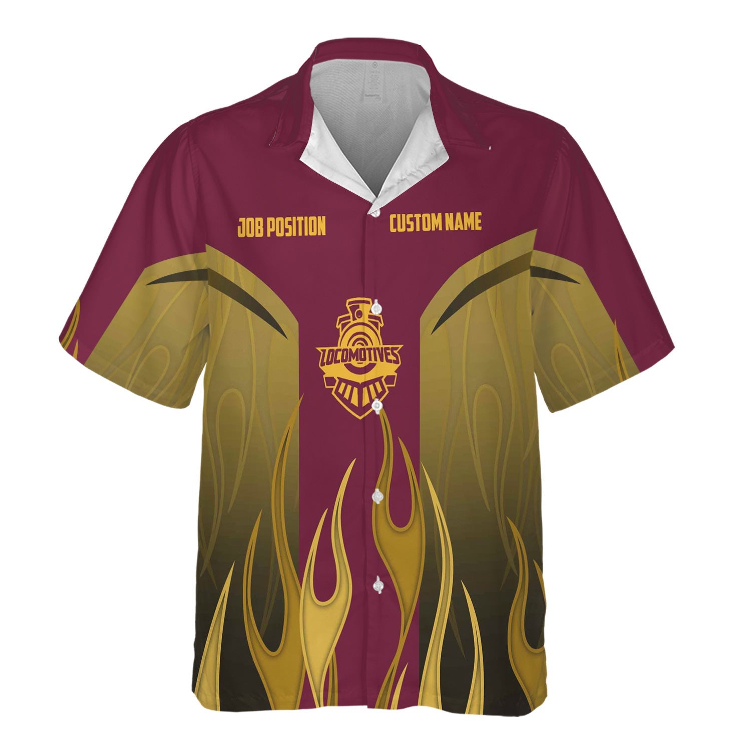 Railspirit Custom Name and Job Title Boston and Maine Railroad Hawaiian Shirt Flame Graphic Train Shirt For Rail Workers