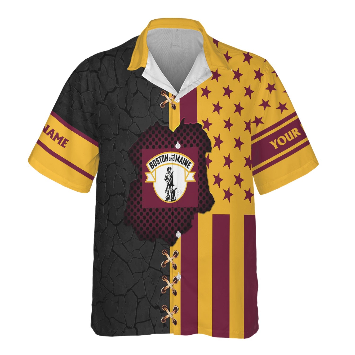 Railspirit Personalized Boston and Maine Railroad Hawaiian Shirt American Flag with Crack Effect Train Shirt