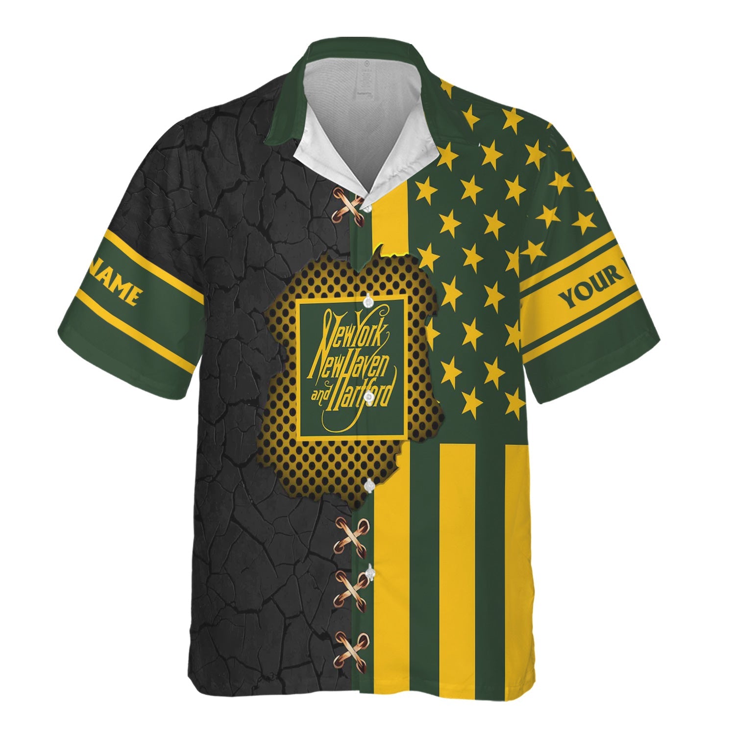 Railspirit Personalized New York, New Haven and Hartford Railroad Hawaiian Shirt American Flag with Crack Effect New Haven Railroad Train Shirt