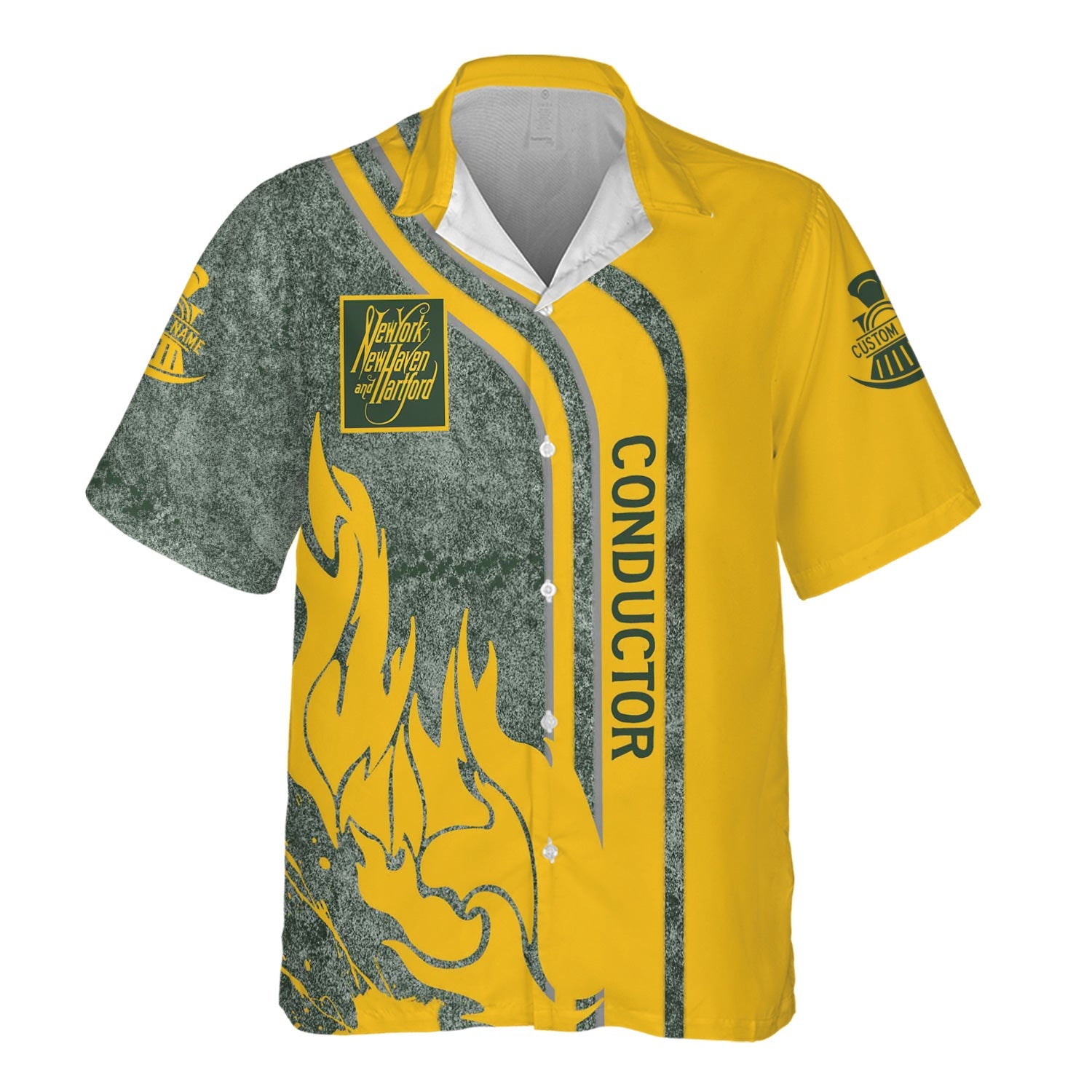 Railspirit Personalized New York, New Haven and Hartford Railroad Hawaiian Shirt Flame Design with Custom Job Position New Haven Railroad Train Shirt