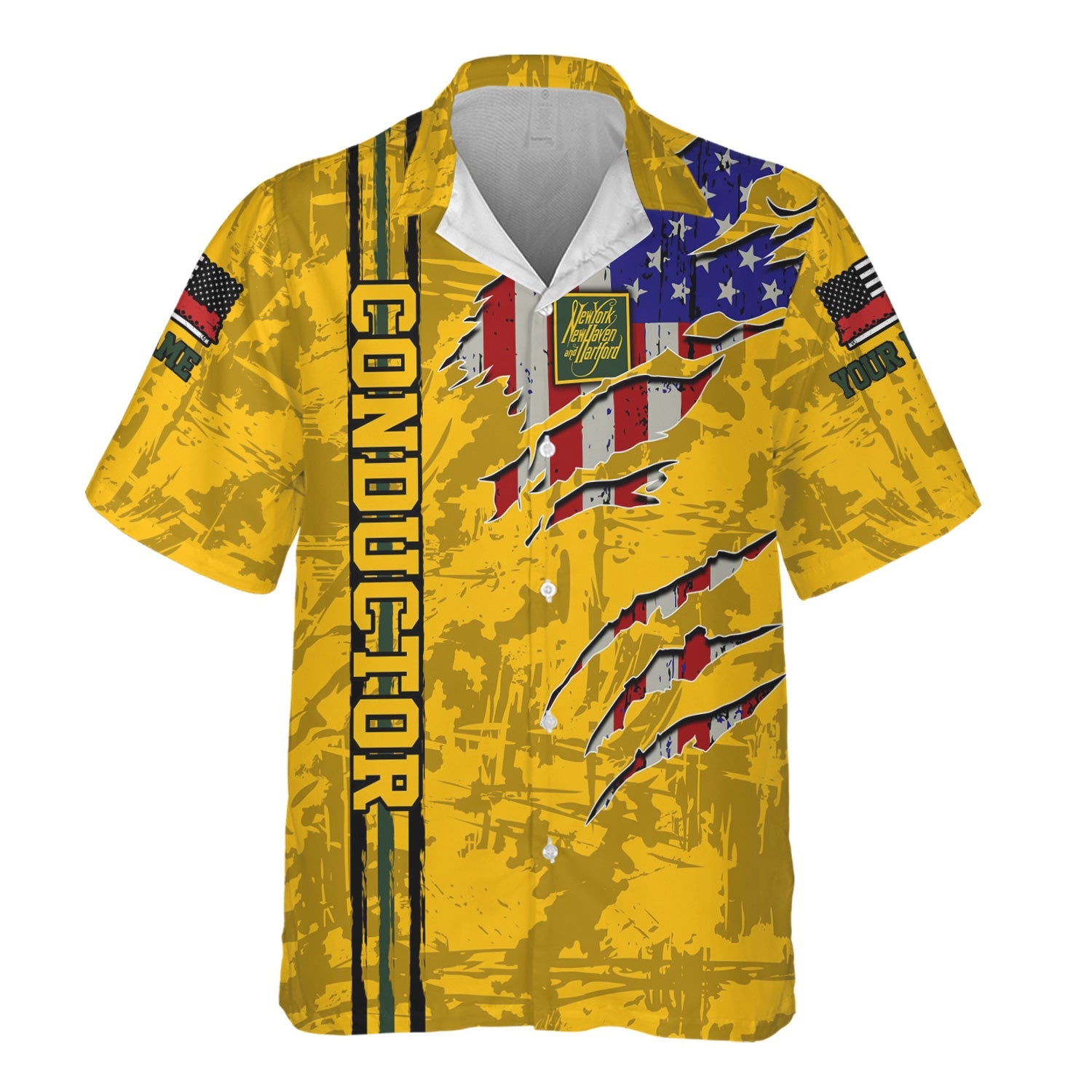 Railspirit Personalized New York, New Haven and Hartford Railroad Hawaiian Shirt USA Flag Claw Art with Custom Job New Haven Railroad Train Shirt