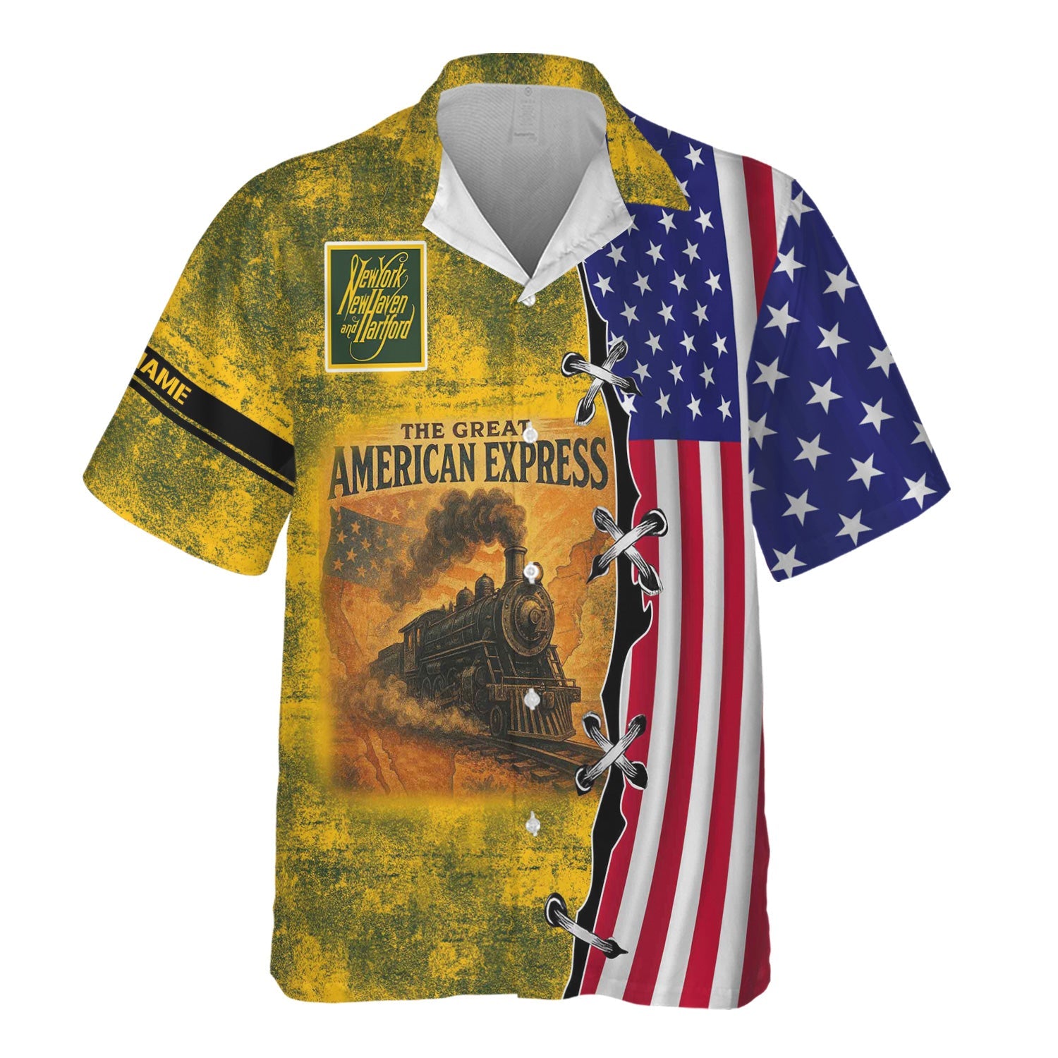 Railspirit Personalized New York, New Haven and Hartford Railroad Hawaiian Shirt Retro American Express Train With USA Flag New Haven Railroad Shirt