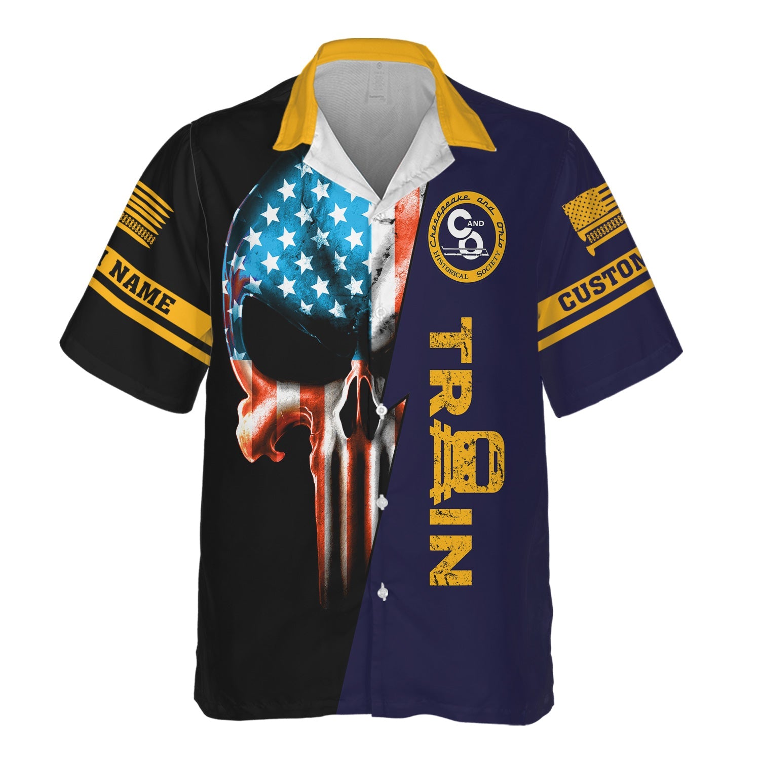 Railspirit Personalized Chesapeake and Ohio Railway Hawaiian Shirt Train Skull American Flag C&O Shirt All Over Print