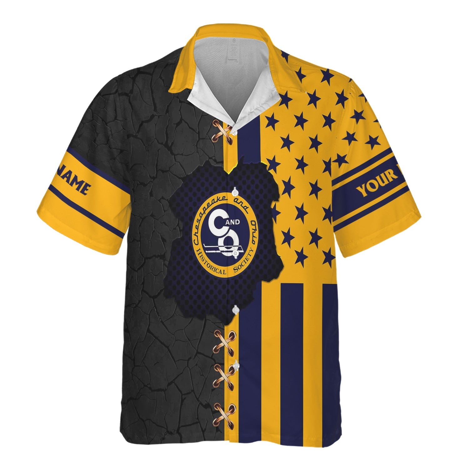 Railspirit Personalized Chesapeake and Ohio Railway Hawaiian Shirt American Flag with Crack Effect C&O Train Shirt