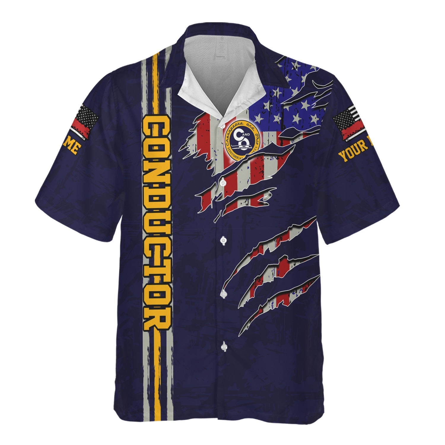 Railspirit Personalized Chesapeake and Ohio Railway Hawaiian Shirt USA Flag Claw Art with Custom Job C&O Train Shirt