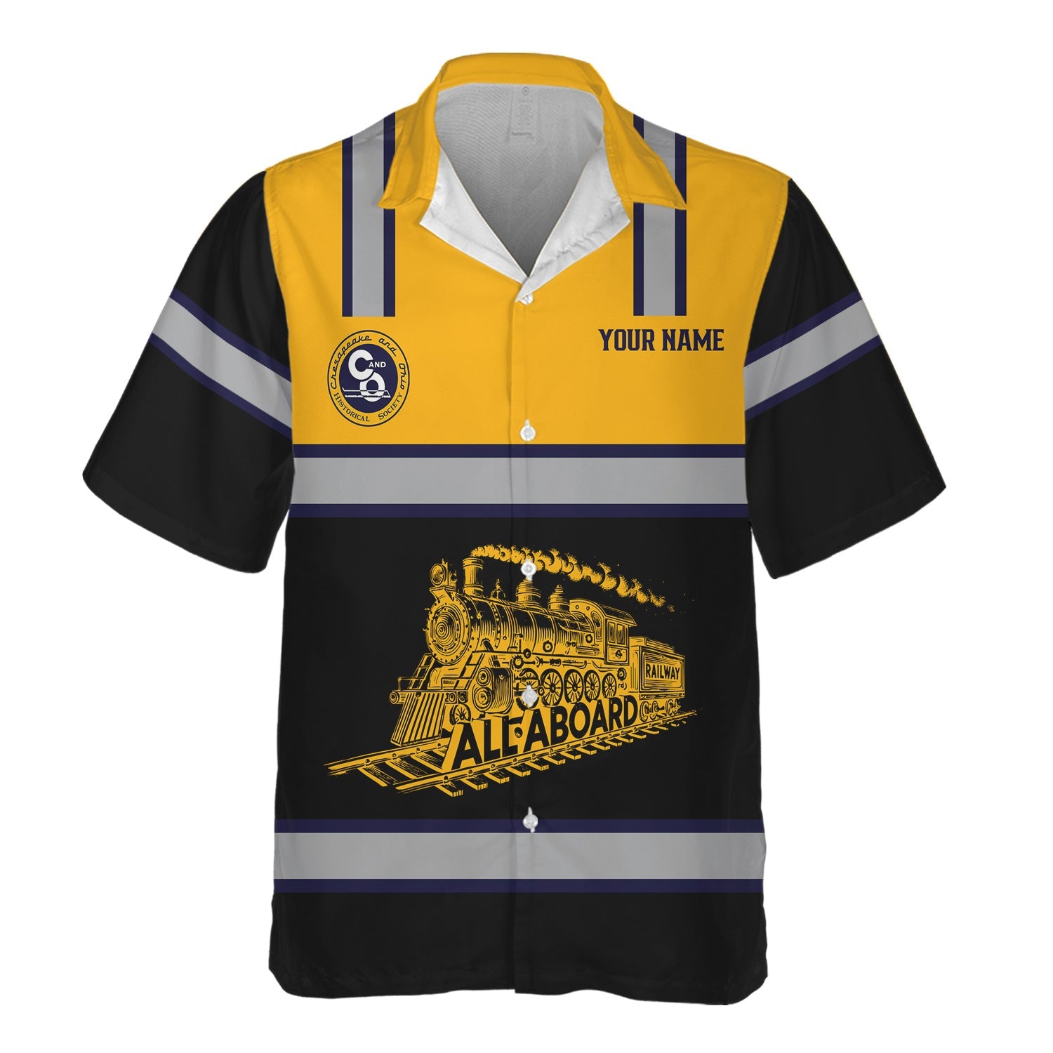 Railspirit Custom Name Chesapeake and Ohio Railway Hawaiian Shirt Eat Train Sleep Repeat C&O Printed Train Shirt