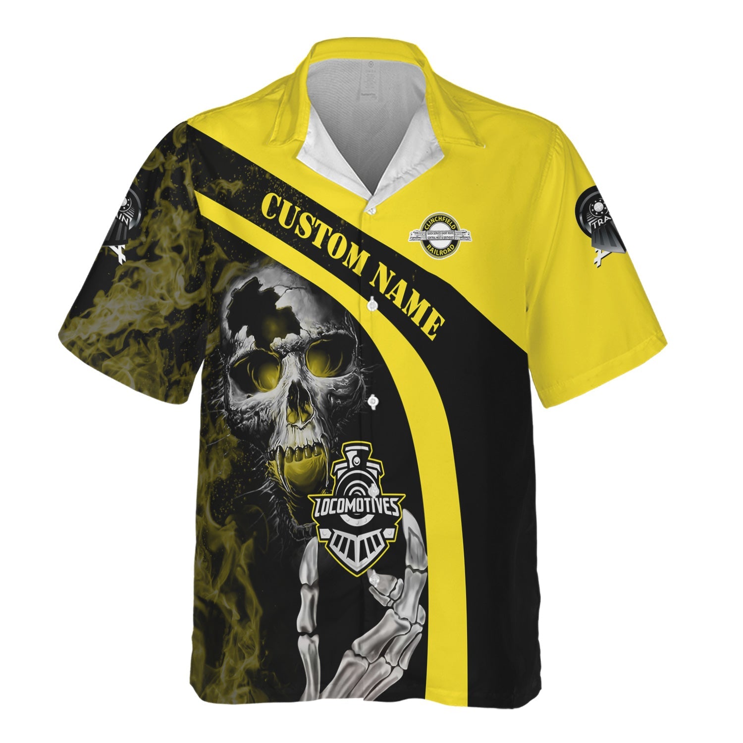 Railspirit Personalized Clinchfield Railroad Hawaiian Shirt Flame Skull Design Train Shirt for Locomotive Fans