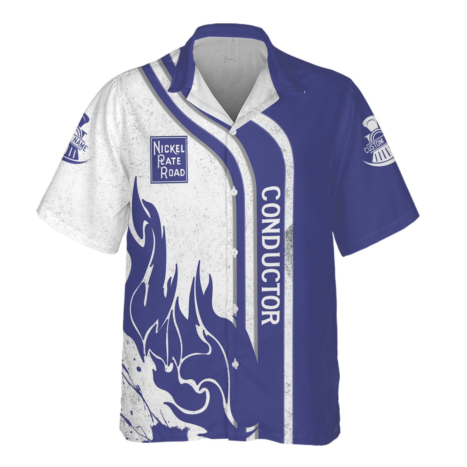 Railspirit Personalized New York, Chicago and St. Louis Railroad Hawaiian Shirt Flame Design with Custom Job Position Nickel Plate Road Train Shirt