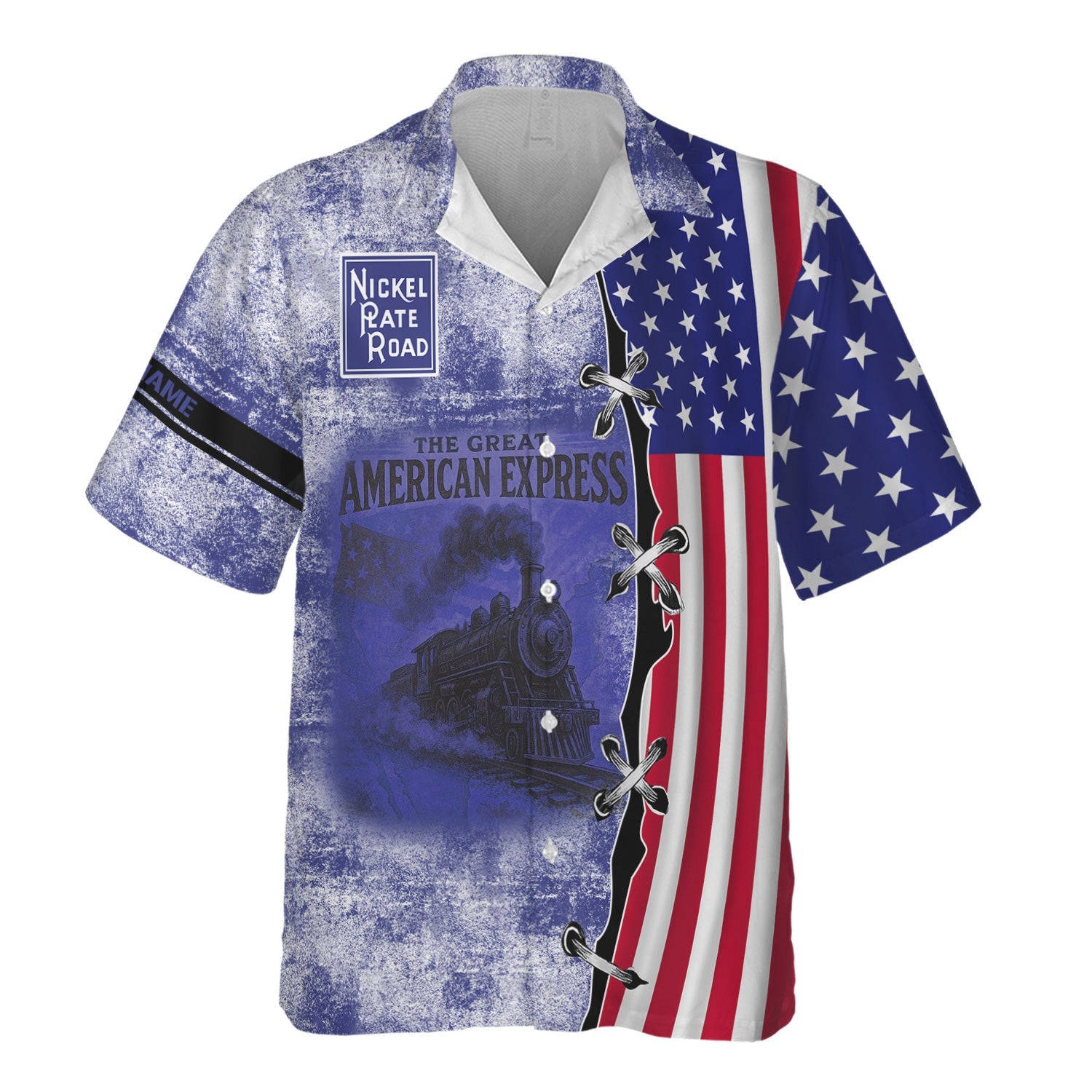Railspirit Personalized New York, Chicago and St. Louis Railroad Hawaiian Shirt Retro American Express Train With USA Flag Nickel Plate Road Shirt