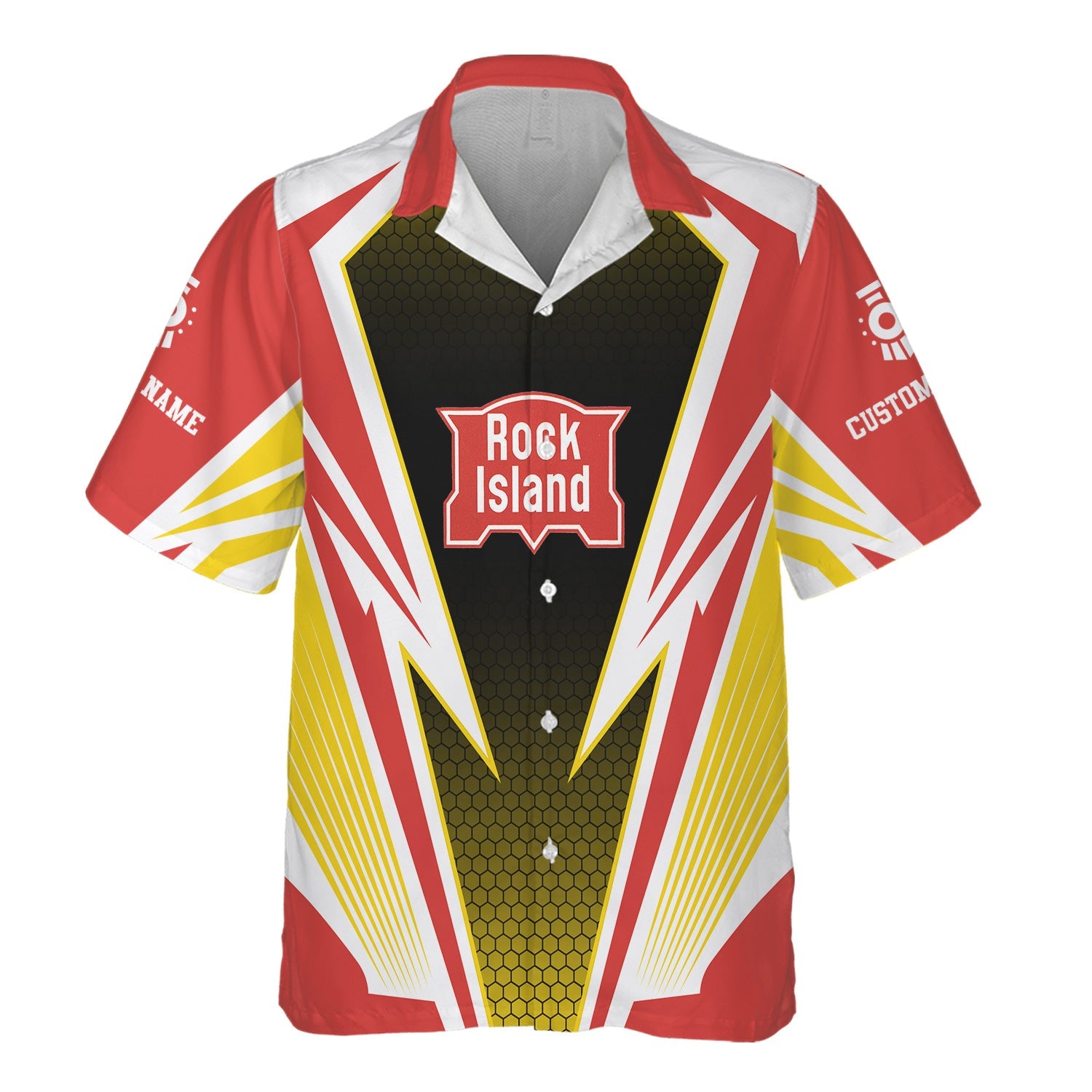 Railspirit Personalized Chicago, Rock Island and Pacific Railroad Hawaiian Shirt Lightning Graphic Style Rock Island Railroad Shirt Gift For Train Lover