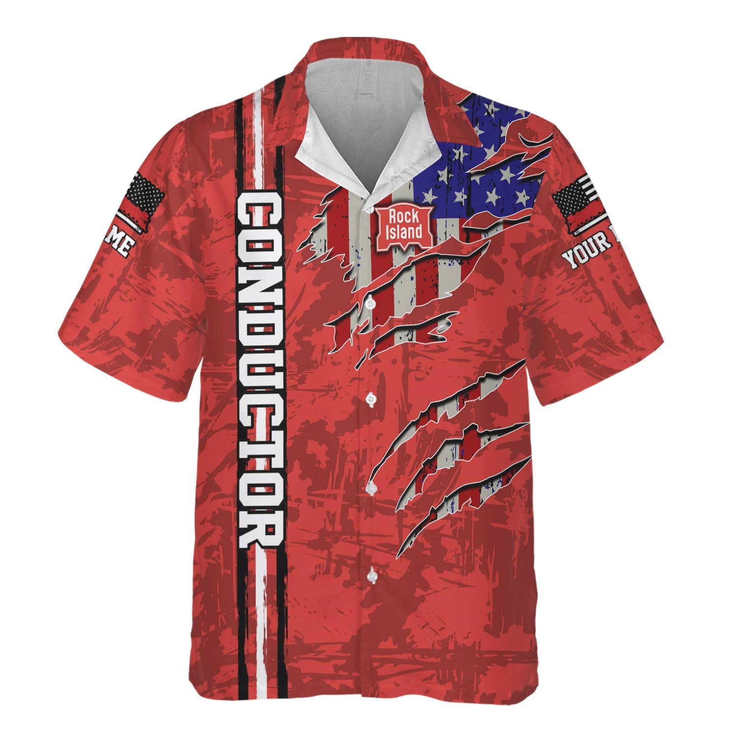 Railspirit Personalized Chicago, Rock Island and Pacific Railroad Hawaiian Shirt USA Flag Claw Art with Custom Job Rock Island Railroad Train Shirt