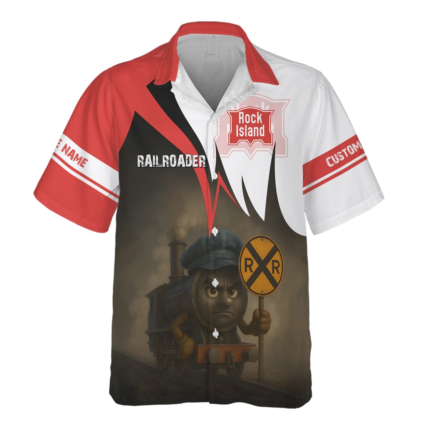 Railspirit Personalized Chicago, Rock Island and Pacific Railroad Hawaiian Shirt Angry Train Rock Island Railroad Hawaiian Shirt Gift For Train Lover