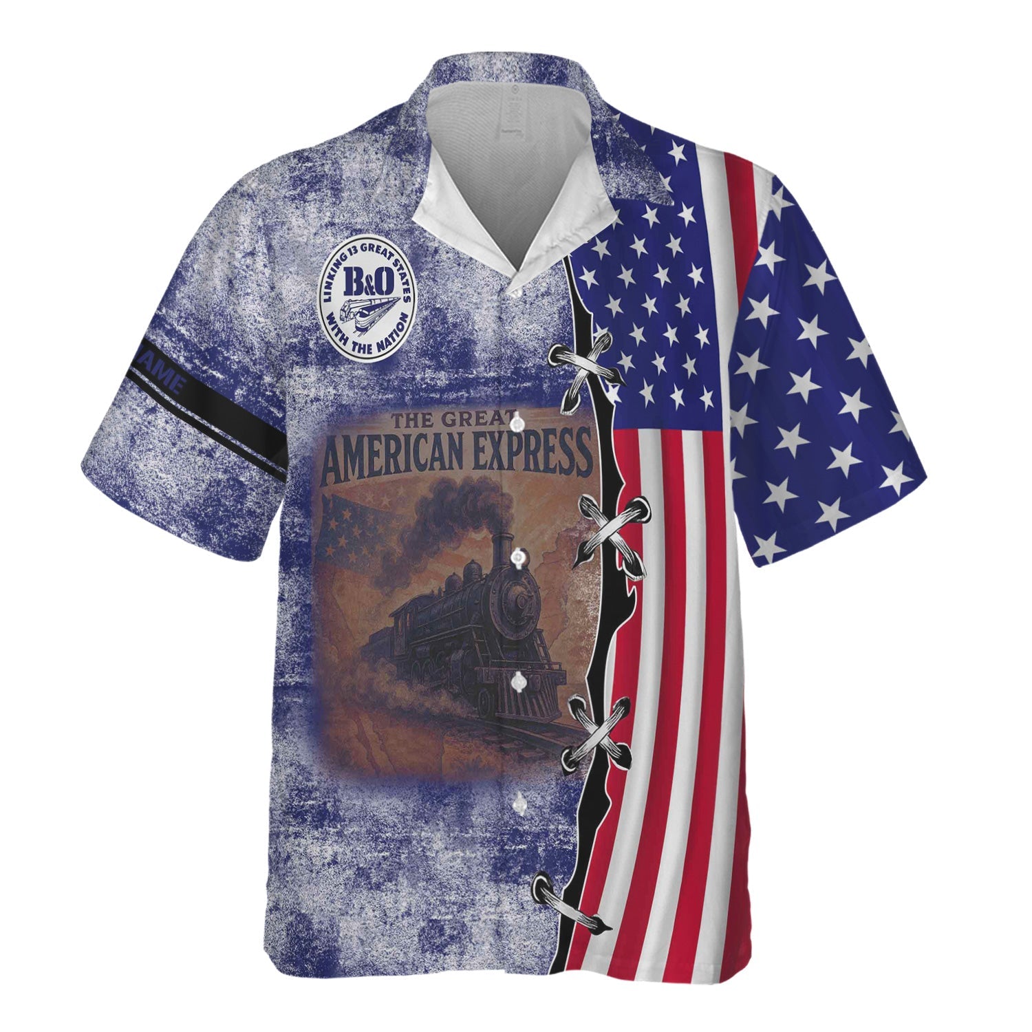 Railspirit Personalized B&O Great States Railroad Hawaiian Shirt Retro American Express Train With USA Flag Shirt
