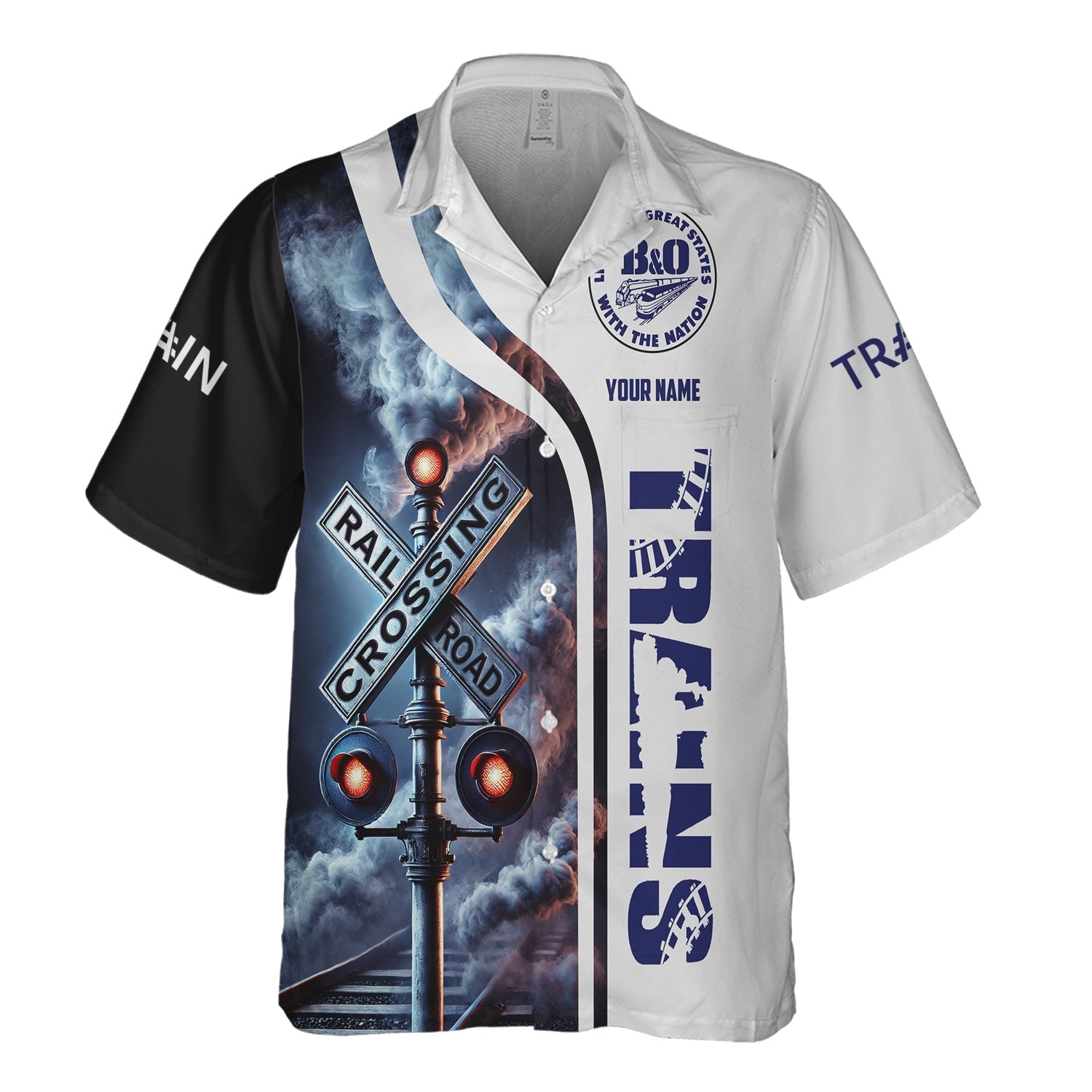 Railspirit Custom Name B&O Great States Railroad Hawaiian Shirt Railroad Crossing Sign Printed Train Shirt