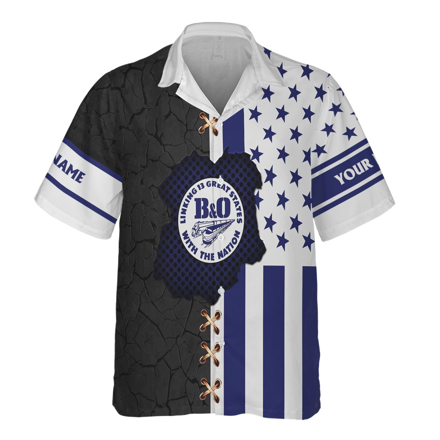 Railspirit Personalized B&O Great States Railroad Hawaiian Shirt American Flag with Crack Effect Train Shirt