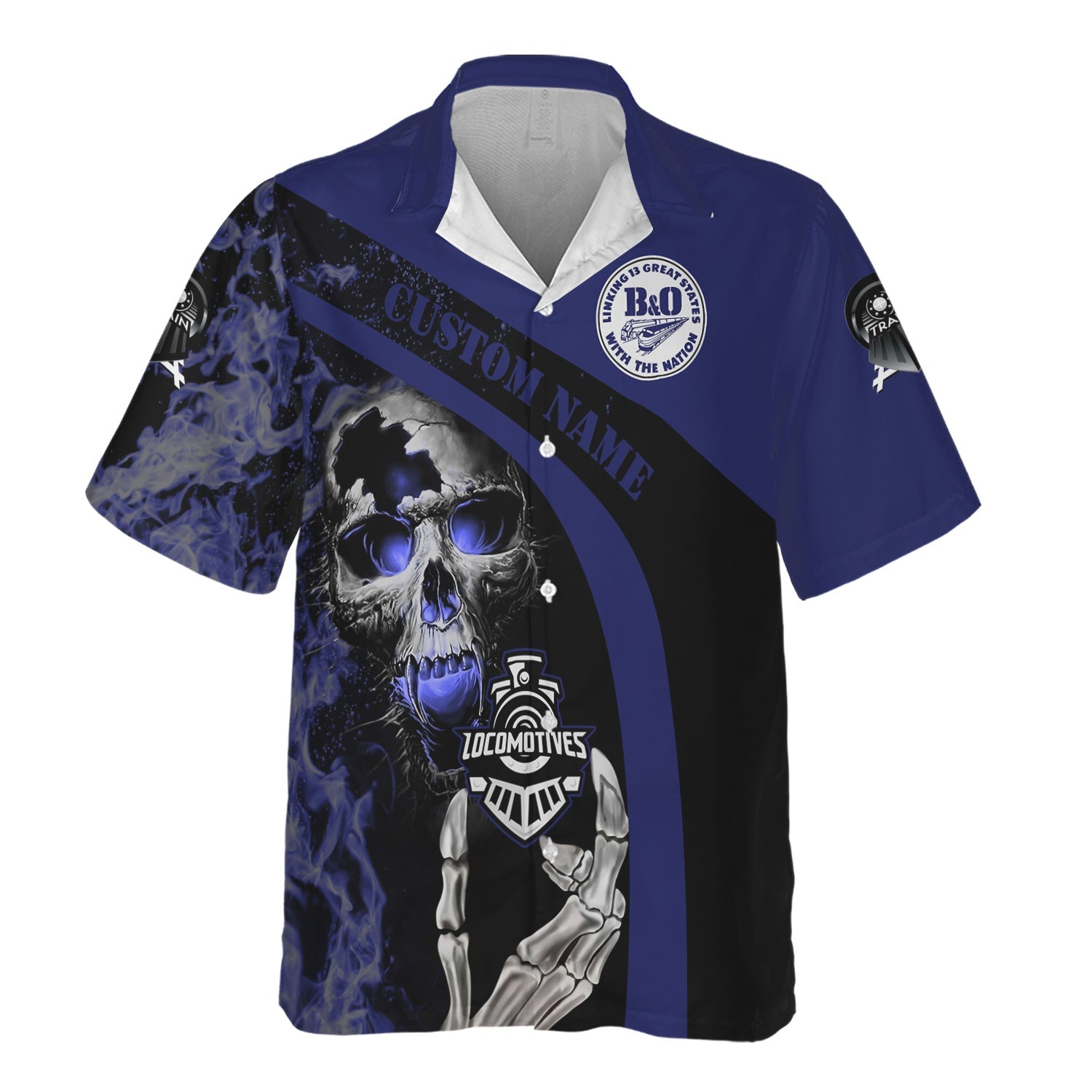 Railspirit Personalized B&O Great States Railroad Hawaiian Shirt Flame Skull Design Train Shirt for Locomotive Fans