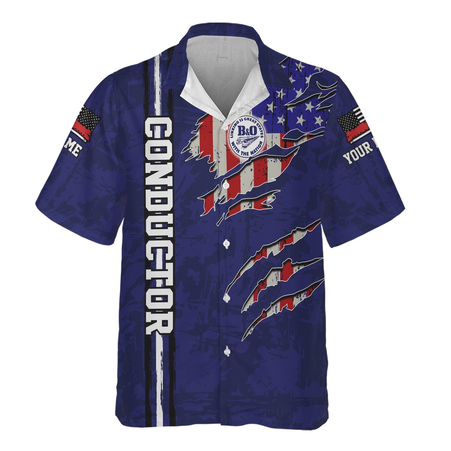 Railspirit Personalized B&O Great States Railroad Hawaiian Shirt USA Flag Claw Art with Custom Job Train Shirt