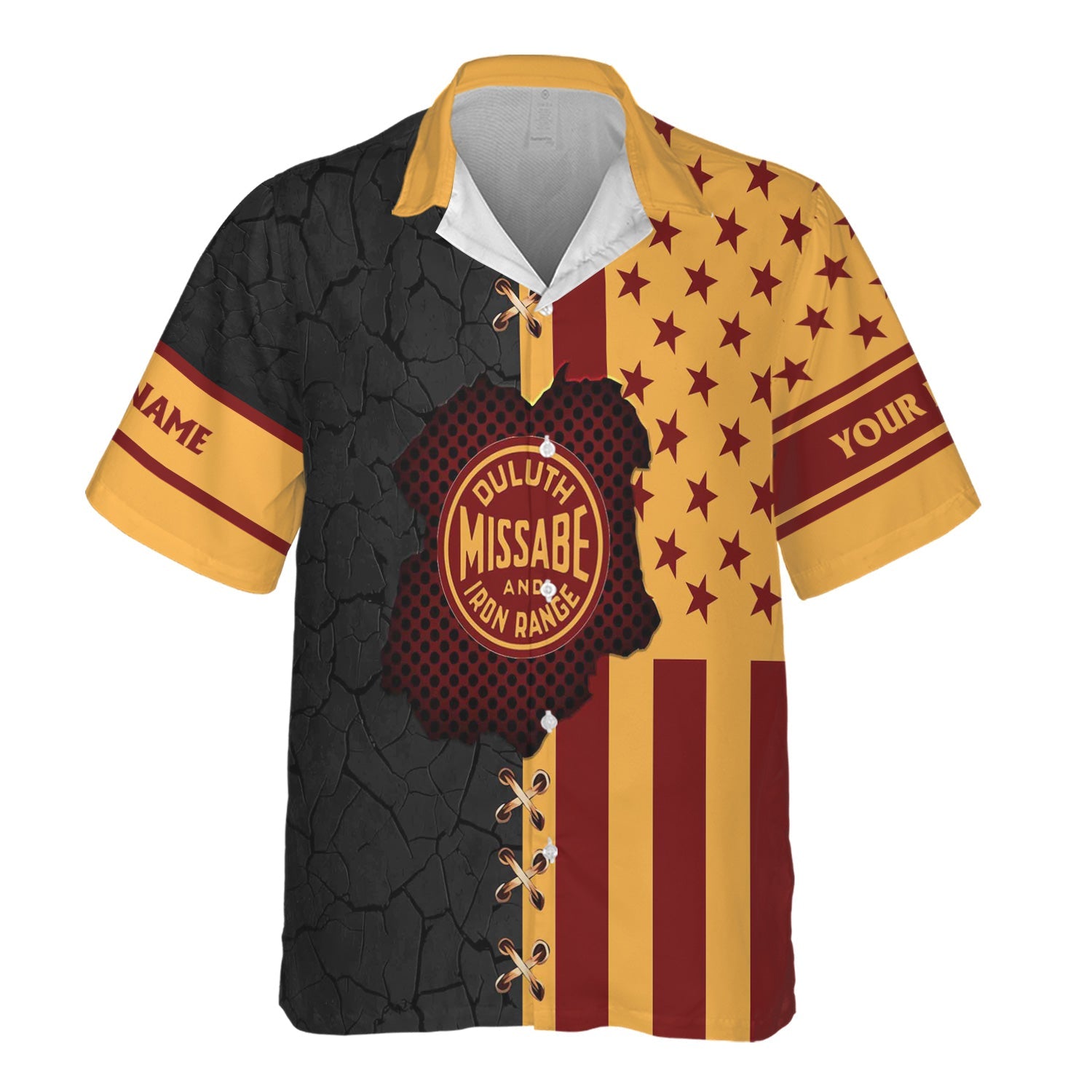 Railspirit Personalized Duluth, Missabe, & Iron Range Railroad Hawaiian Shirt American Flag with Crack Effect Train Shirt