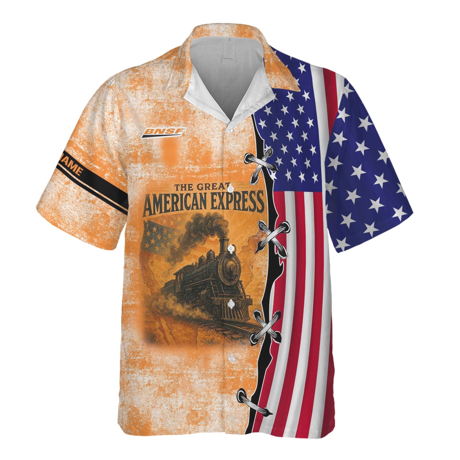 Railspirit Personalized BNSF Railway Hawaiian Shirt Retro American Express Train With USA Flag Shirt