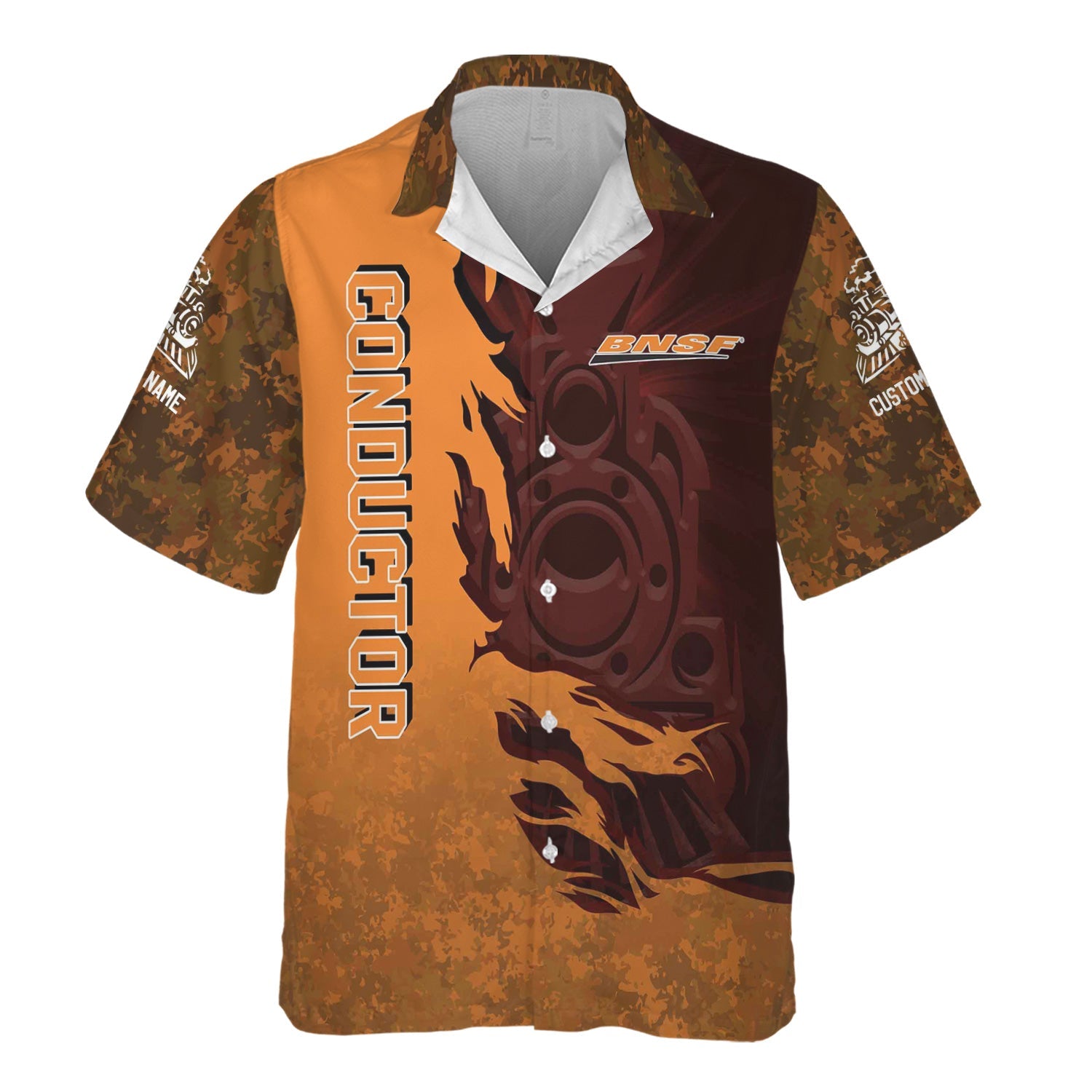 Railspirit Personalized BNSF Railway Hawaiian Shirt Blazing Style with Custom Position Train Shirt