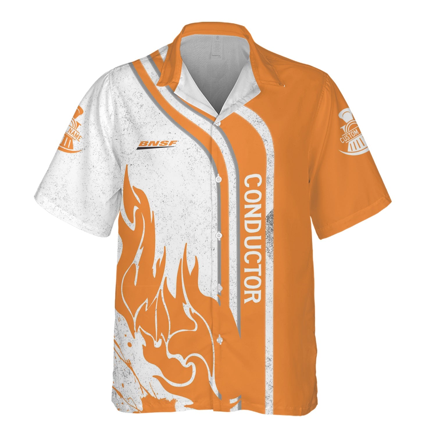 Railspirit Personalized BNSF Railway Hawaiian Shirt Flame Design with Custom Job Position Train Shirt