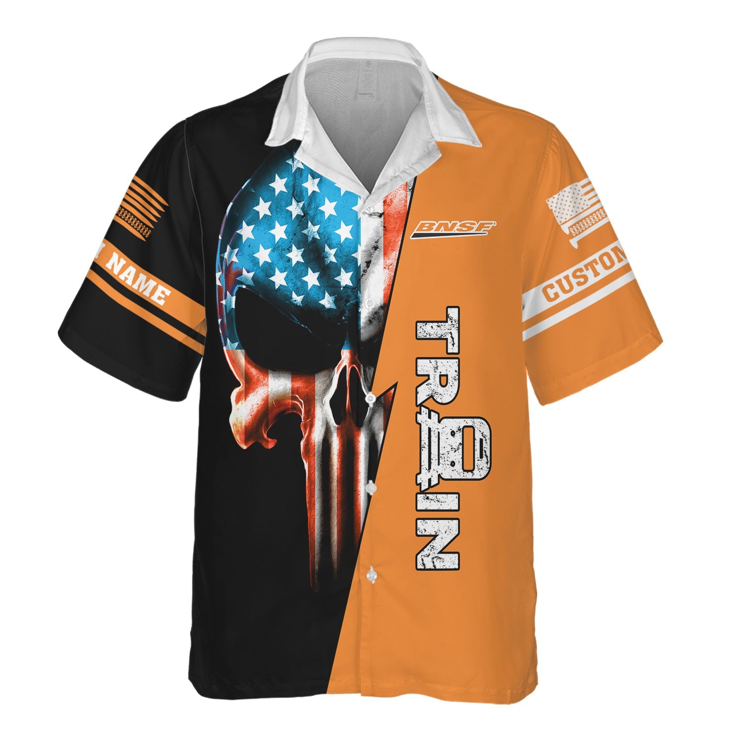 Railspirit Personalized BNSF Railway Hawaiian Shirt Train Skull American Flag Shirt All Over Print