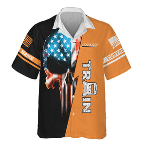 Railspirit Personalized BNSF Railway Hawaiian Shirt Train Skull American Flag Shirt All Over Print
