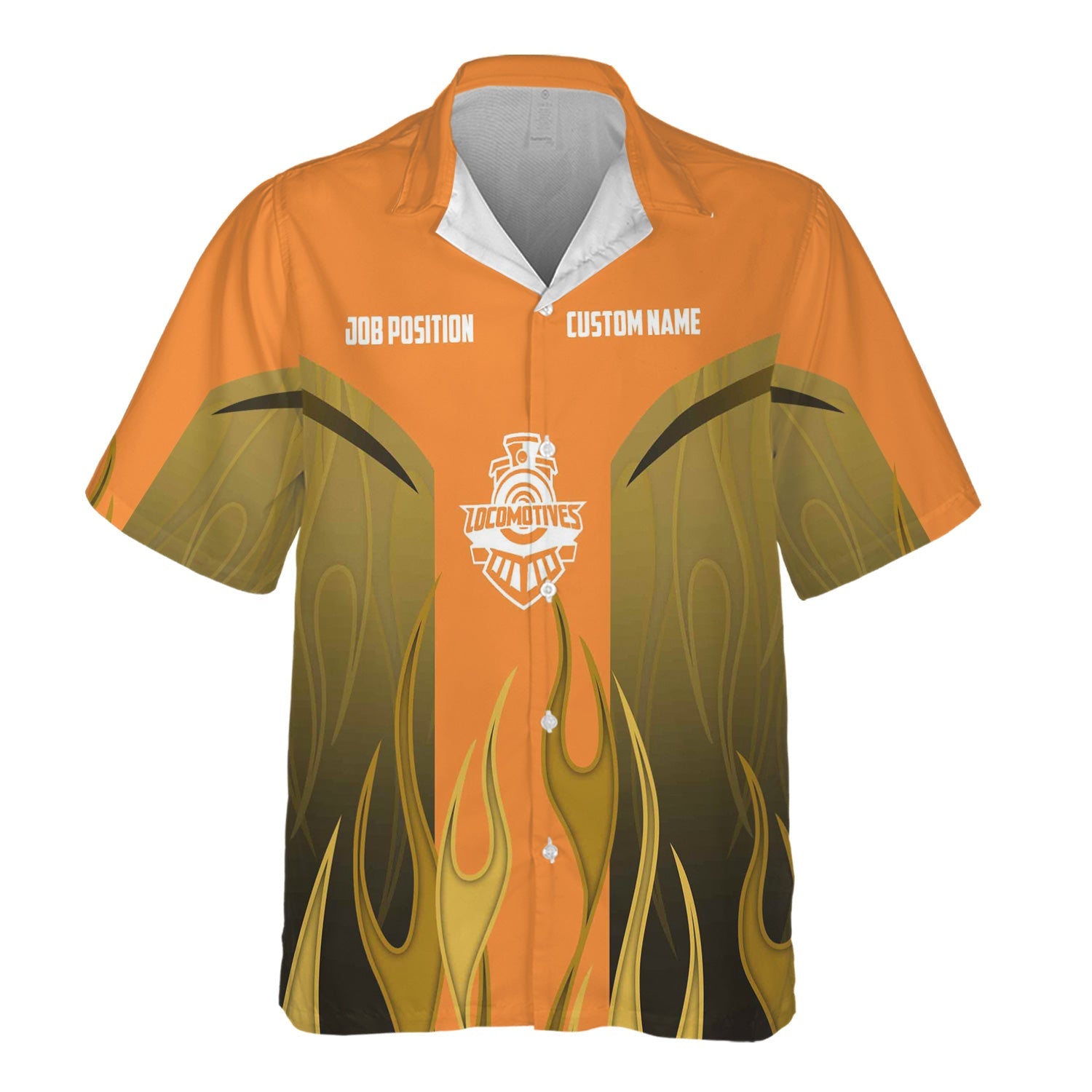 Railspirit Custom Name and Job Title BNSF Railway Hawaiian Shirt Flame Graphic Train Shirt For Rail Workers