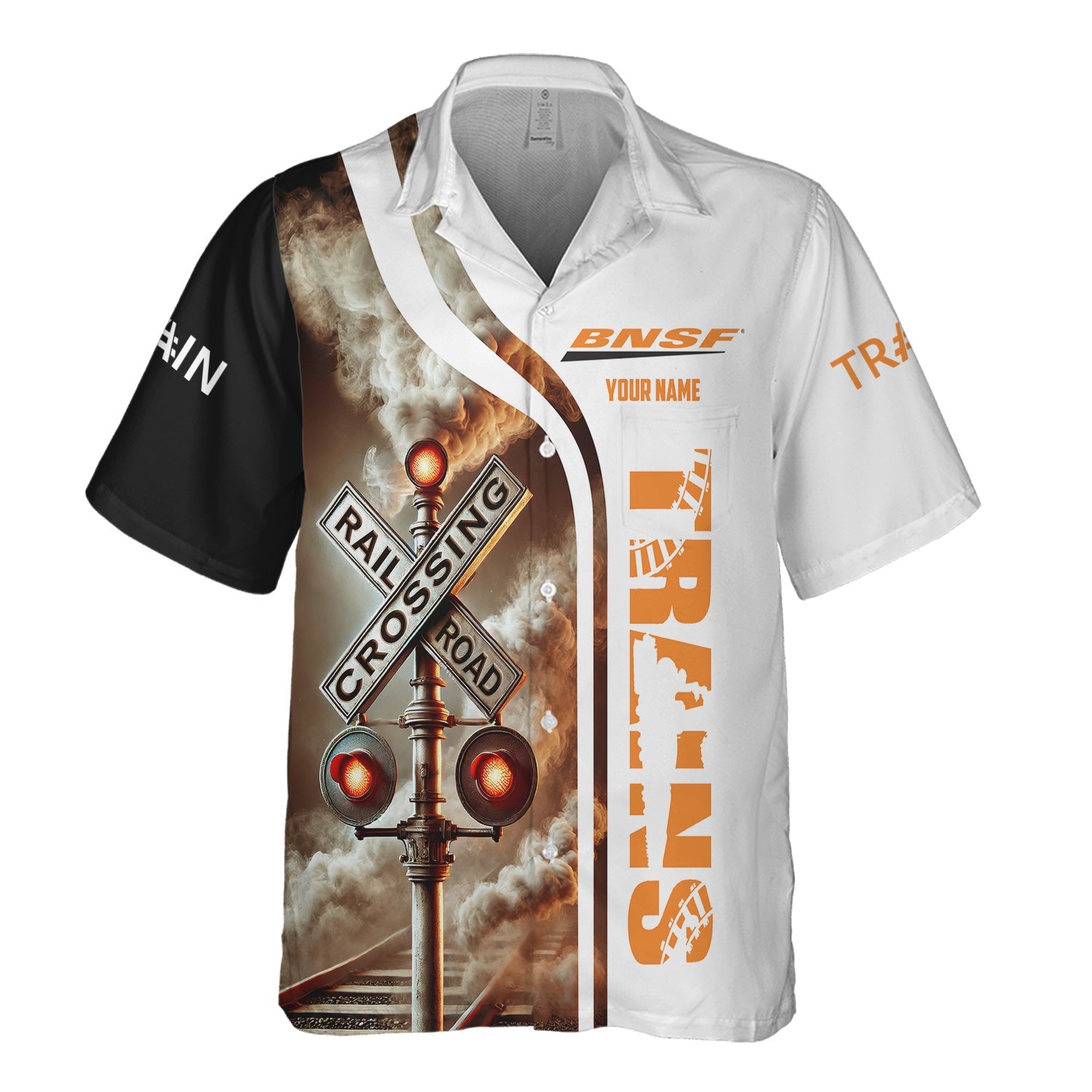 Railspirit Custom Name BNSF Railway Hawaiian Shirt Railroad Crossing Sign Printed Train Shirt