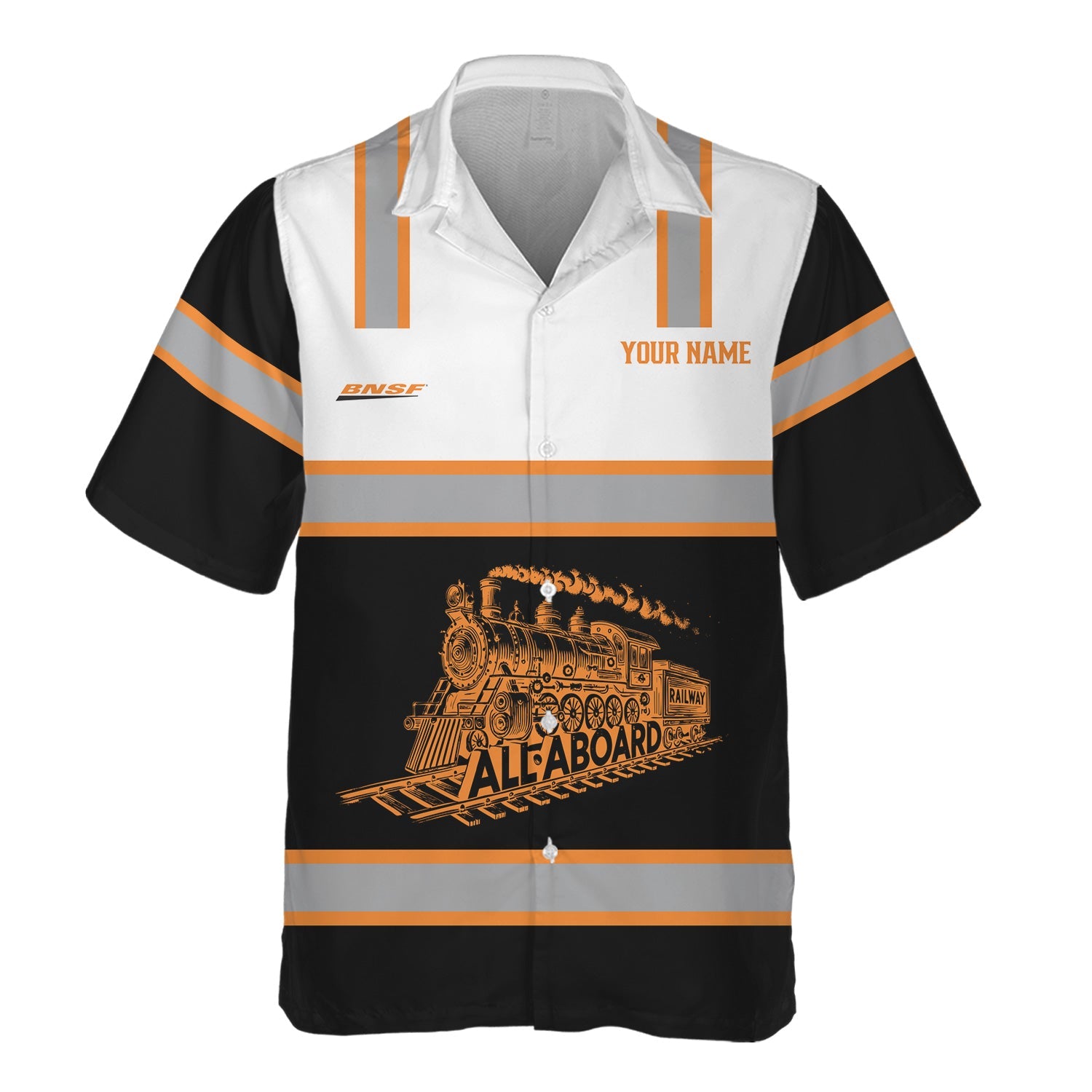 Railspirit Custom Name BNSF Railway Hawaiian Shirt Eat Train Sleep Repeat Printed Train Shirt