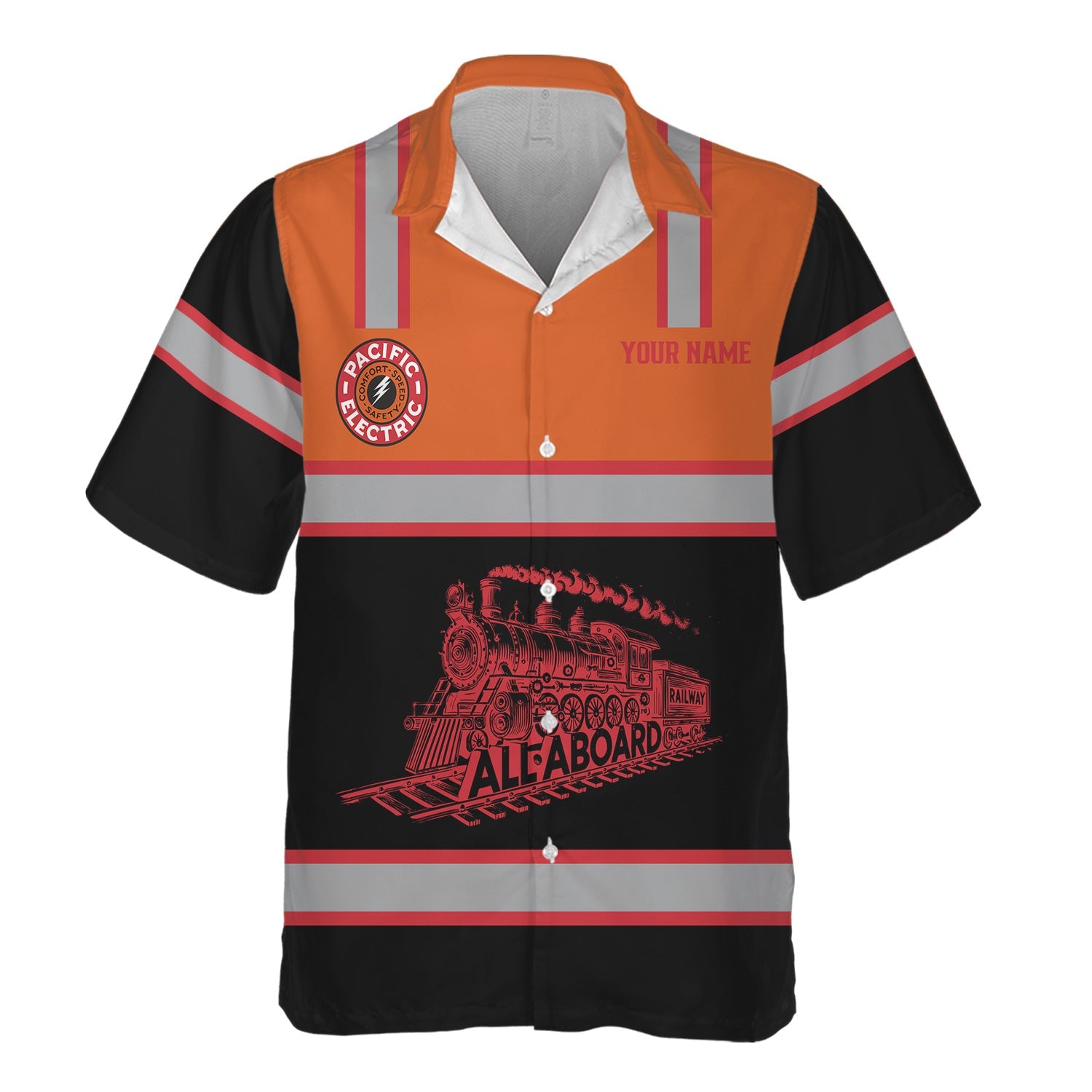 Railspirit Custom Name Pacific Electric Railroad Hawaiian Shirt Eat Train Sleep Repeat Printed Train Shirt