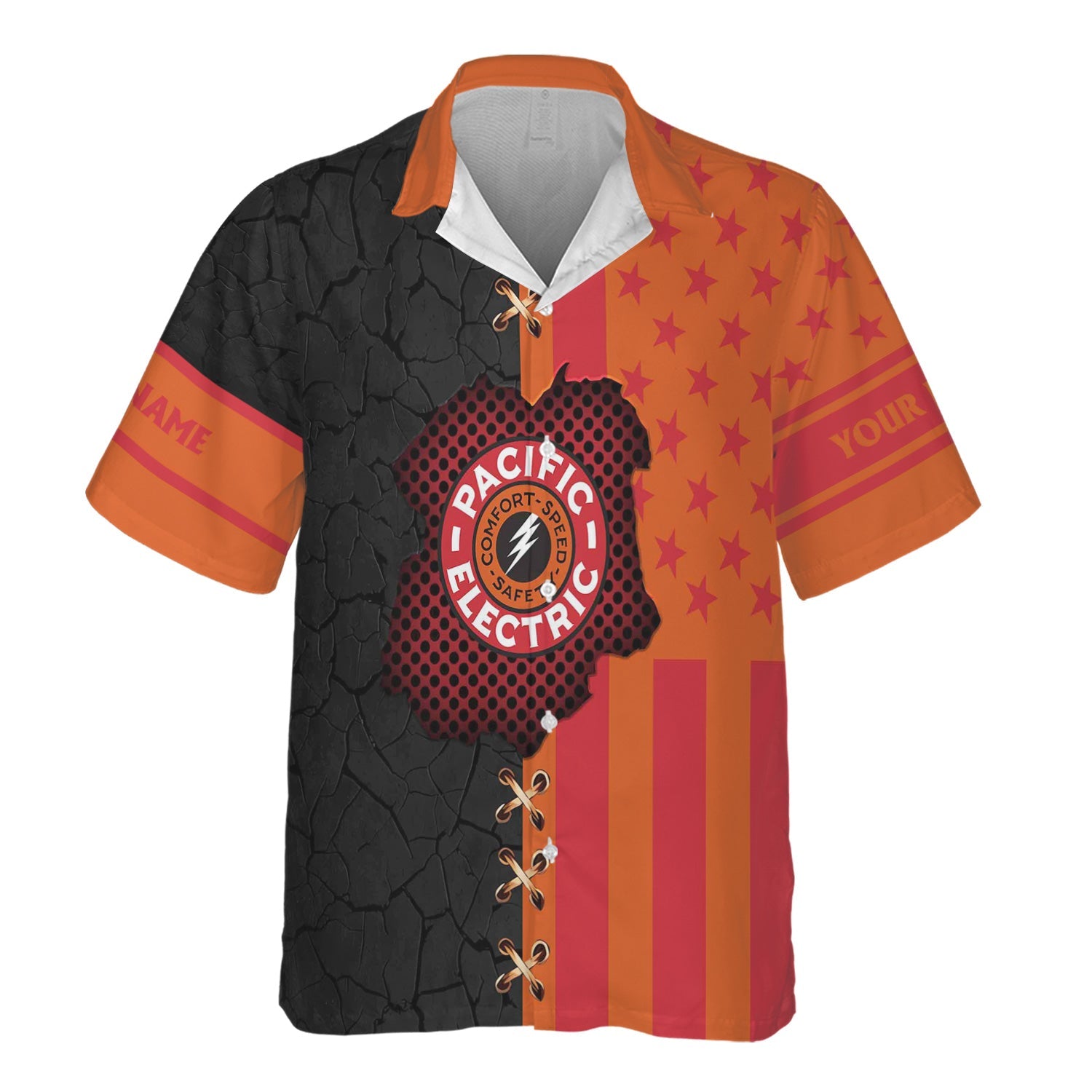 Railspirit Personalized Pacific Electric Railroad Hawaiian Shirt American Flag with Crack Effect Train Shirt