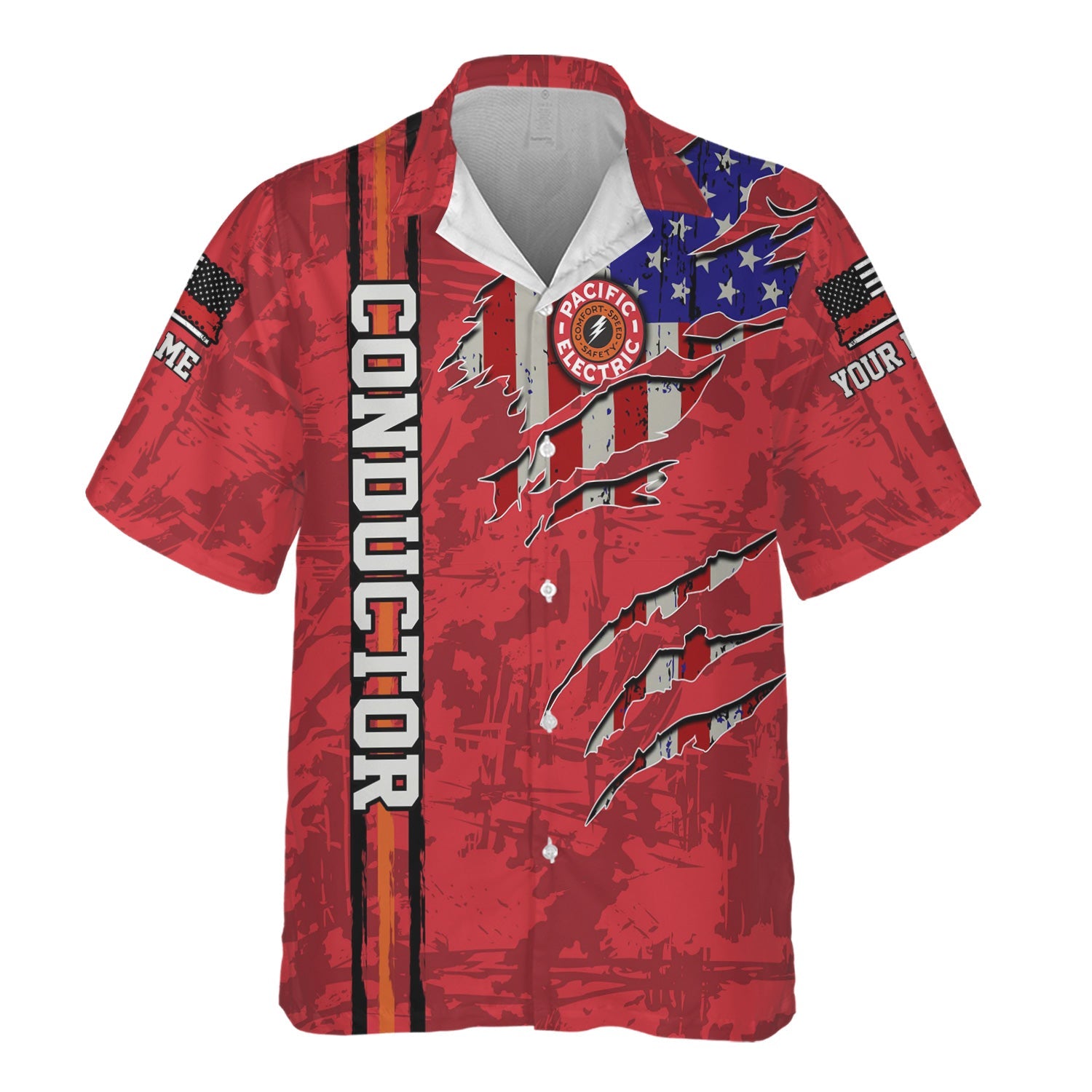 Railspirit Personalized Pacific Electric Railroad Hawaiian Shirt USA Flag Claw Art with Custom Job Train Shirt