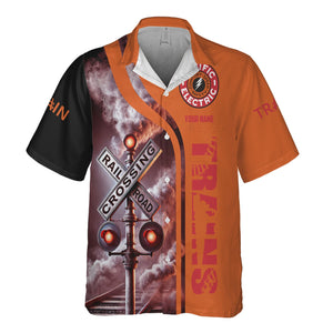 Railspirit Custom Name Pacific Electric Railroad Hawaiian Shirt Railroad Crossing Sign Printed Train Shirt