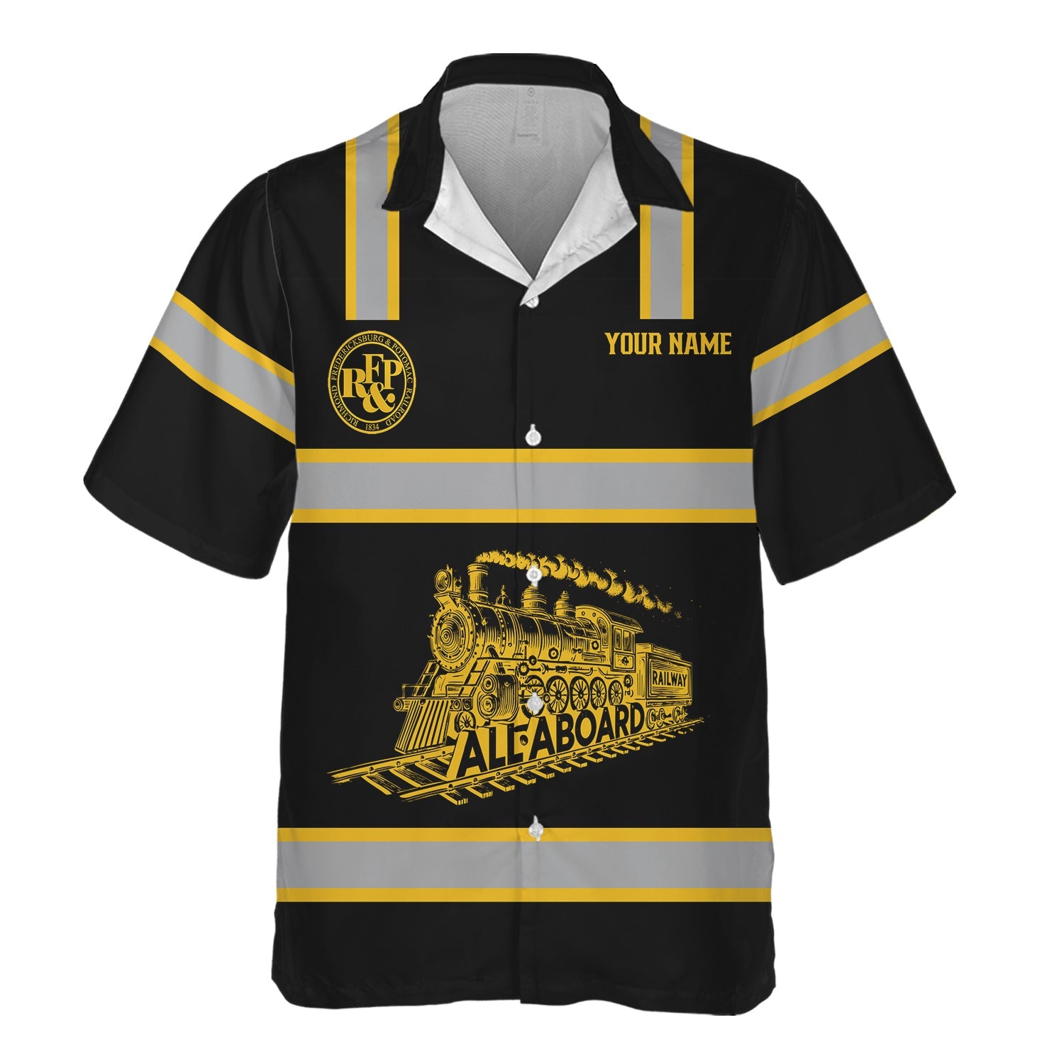 Railspirit Custom Name Richmond, Fredericksburg And Potomac Railroad Hawaiian Shirt Eat Train Sleep Repeat Printed Train Shirt