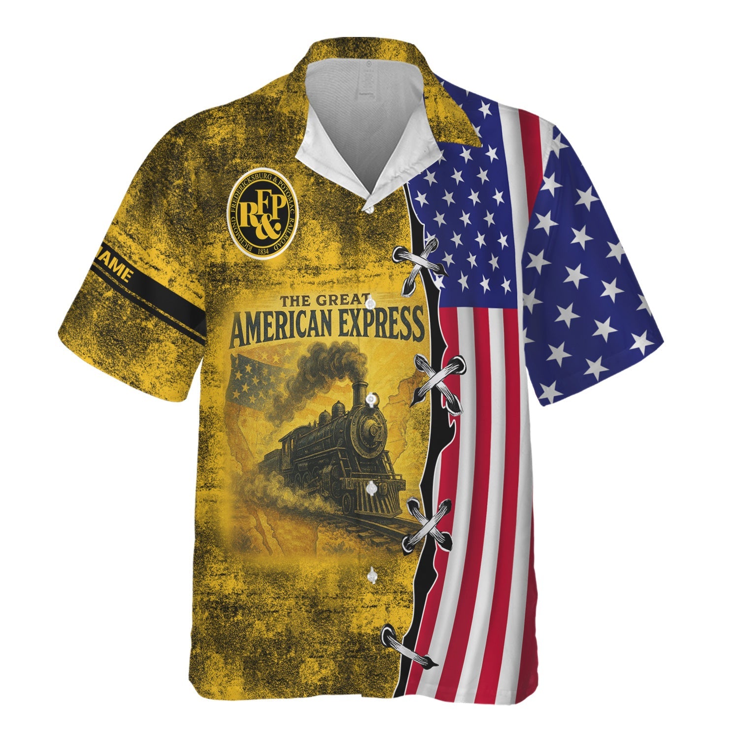 Railspirit Personalized Richmond, Fredericksburg And Potomac Railroad Hawaiian Shirt Retro American Express Train With USA Flag Shirt