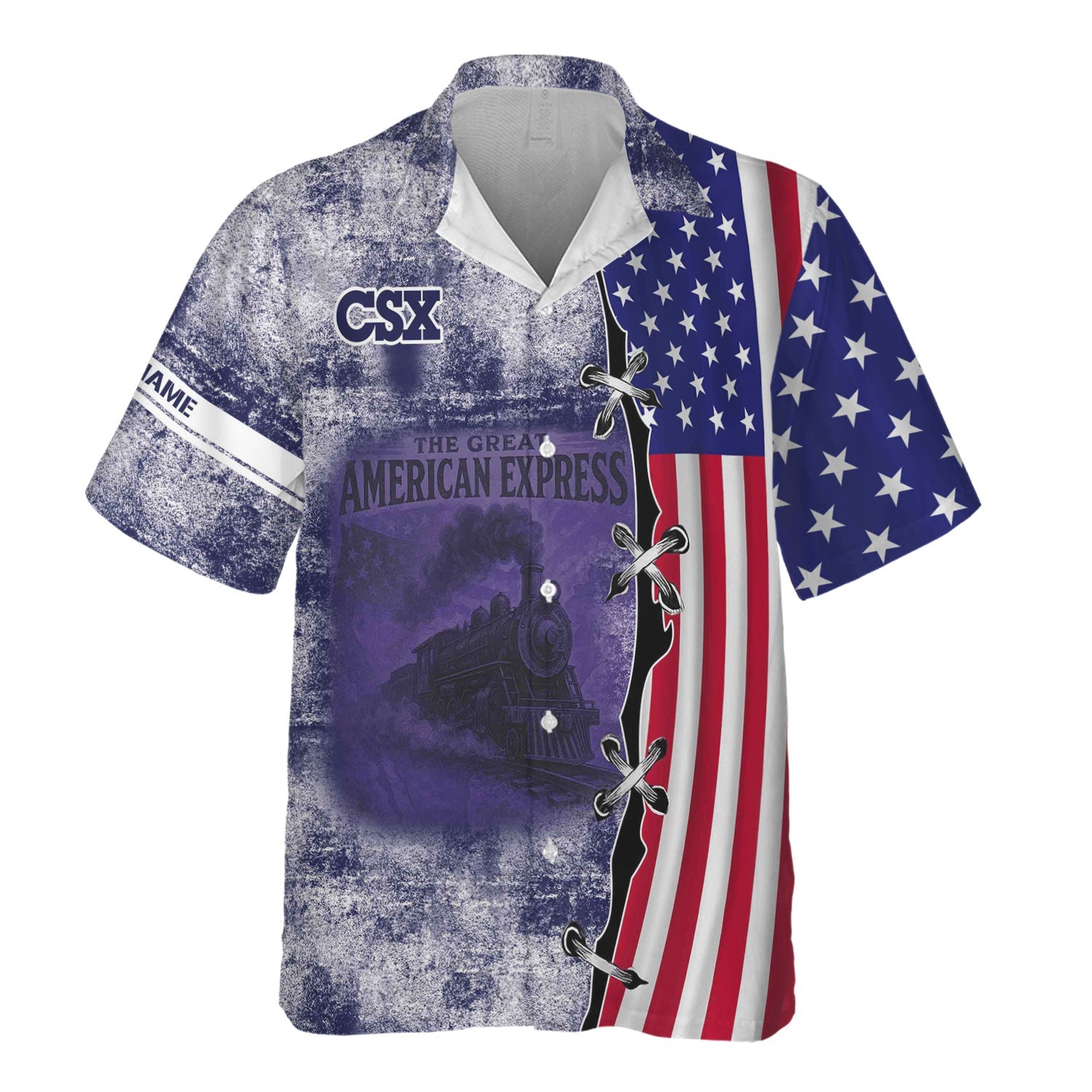 Railspirit Personalized CSX Transportation Railroad Hawaiian Shirt Retro American Express Train With USA Flag Shirt