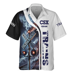 Railspirit Custom Name CSX Transportation Railroad Hawaiian Shirt Railroad Crossing Sign Printed Train Shirt