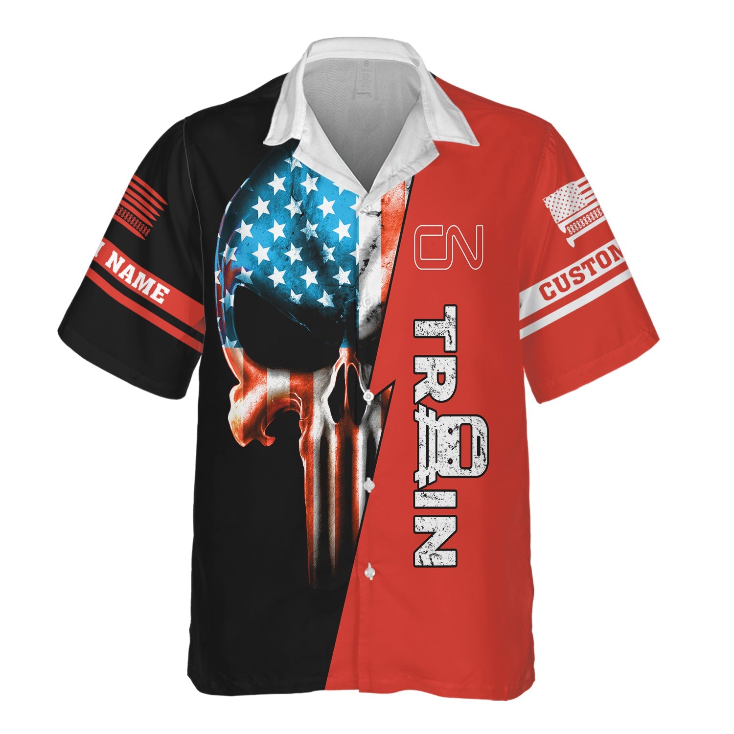 Railspirit Personalized Canadian National Railroad Hawaiian Shirt Train Skull American Flag Shirt All Over Print