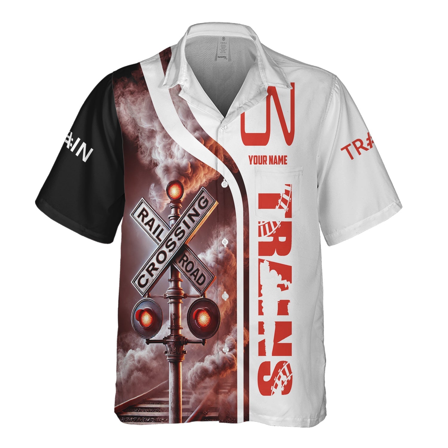 Railspirit Custom Name Canadian National Railroad Hawaiian Shirt Railroad Crossing Sign Printed Train Shirt