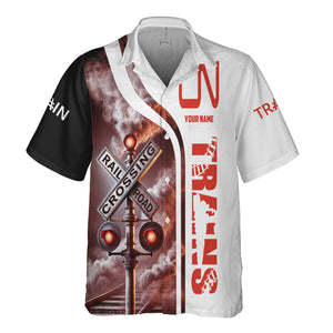 Railspirit Custom Name Canadian National Railroad Hawaiian Shirt Railroad Crossing Sign Printed Train Shirt