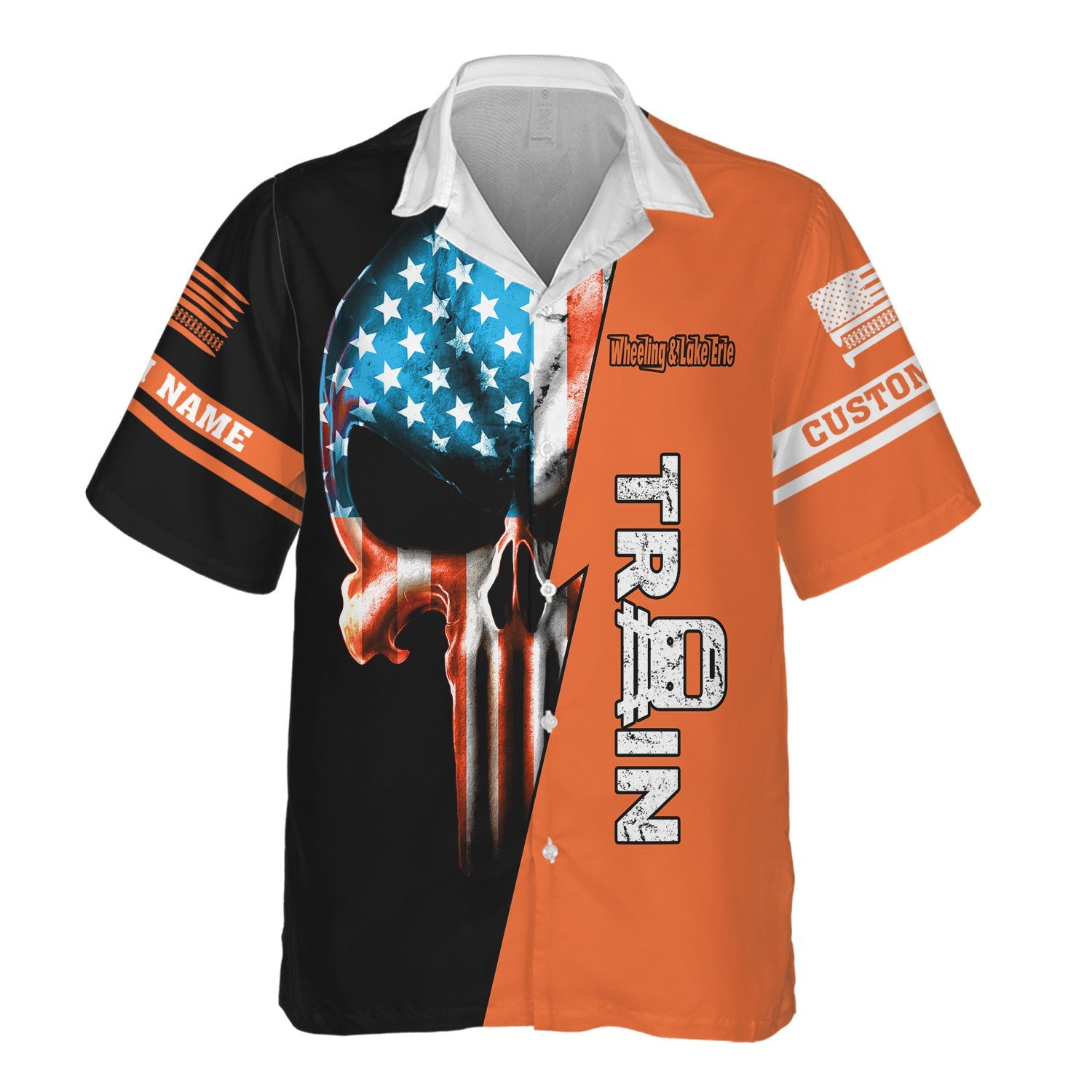 Railspirit Personalized Wheeling And Lake Erie Railroad Hawaiian Shirt Train Skull American Flag Shirt All Over Print