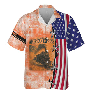 Railspirit Personalized Wheeling And Lake Erie Railroad Hawaiian Shirt Retro American Express Train With USA Flag Shirt