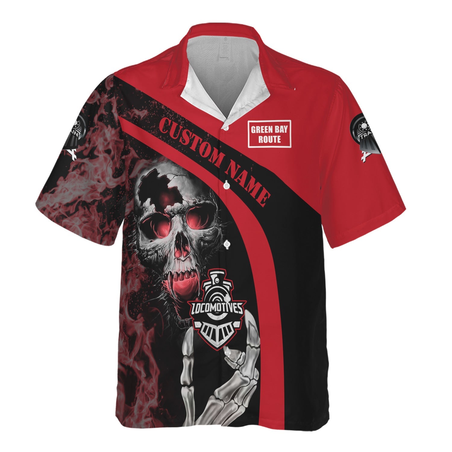 Railspirit Personalized Green Bay & Western Railroad Hawaiian Shirt Flame Skull Design Train Shirt for Locomotive Fans
