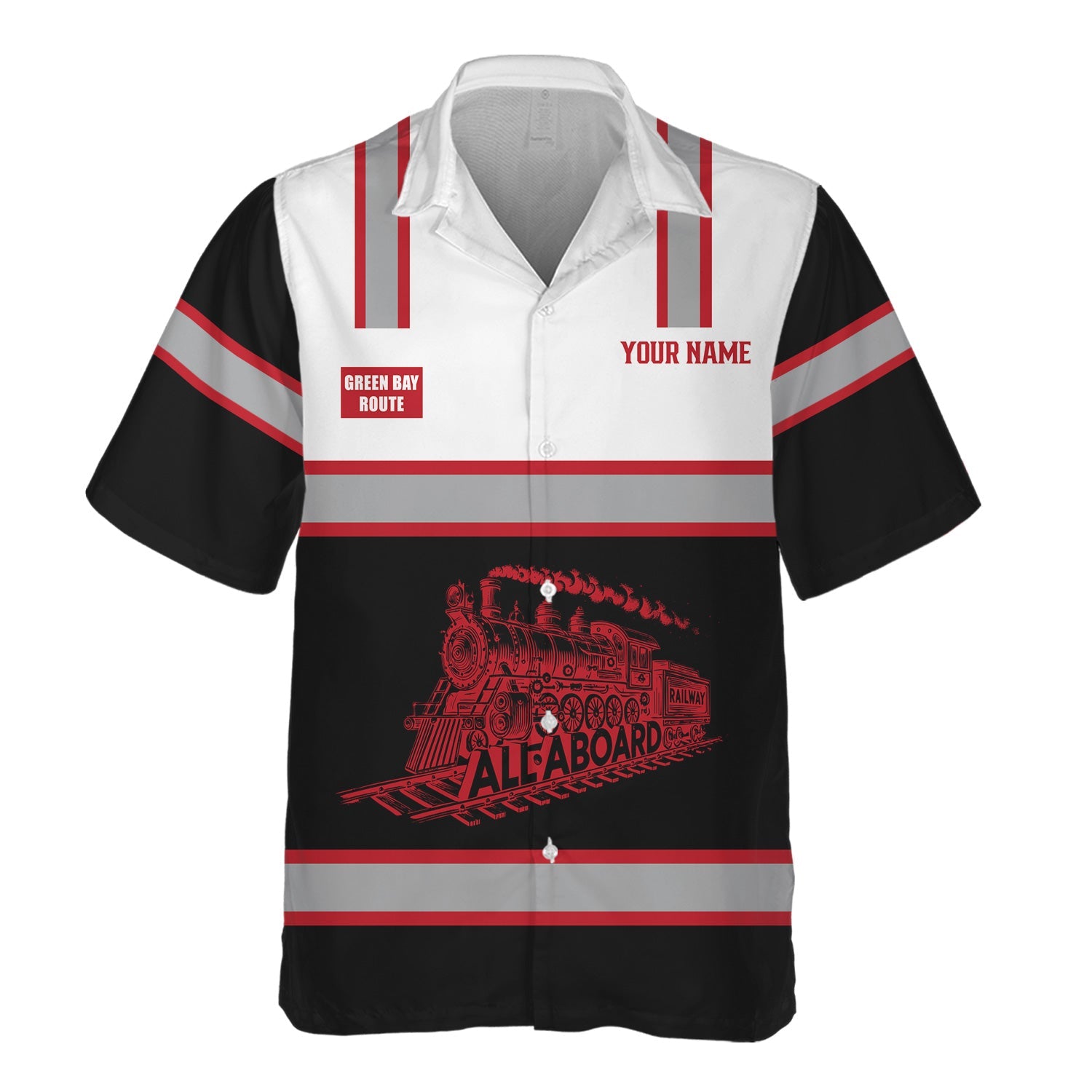 Railspirit Custom Name Green Bay & Western Railroad Hawaiian Shirt Eat Train Sleep Repeat Printed Train Shirt