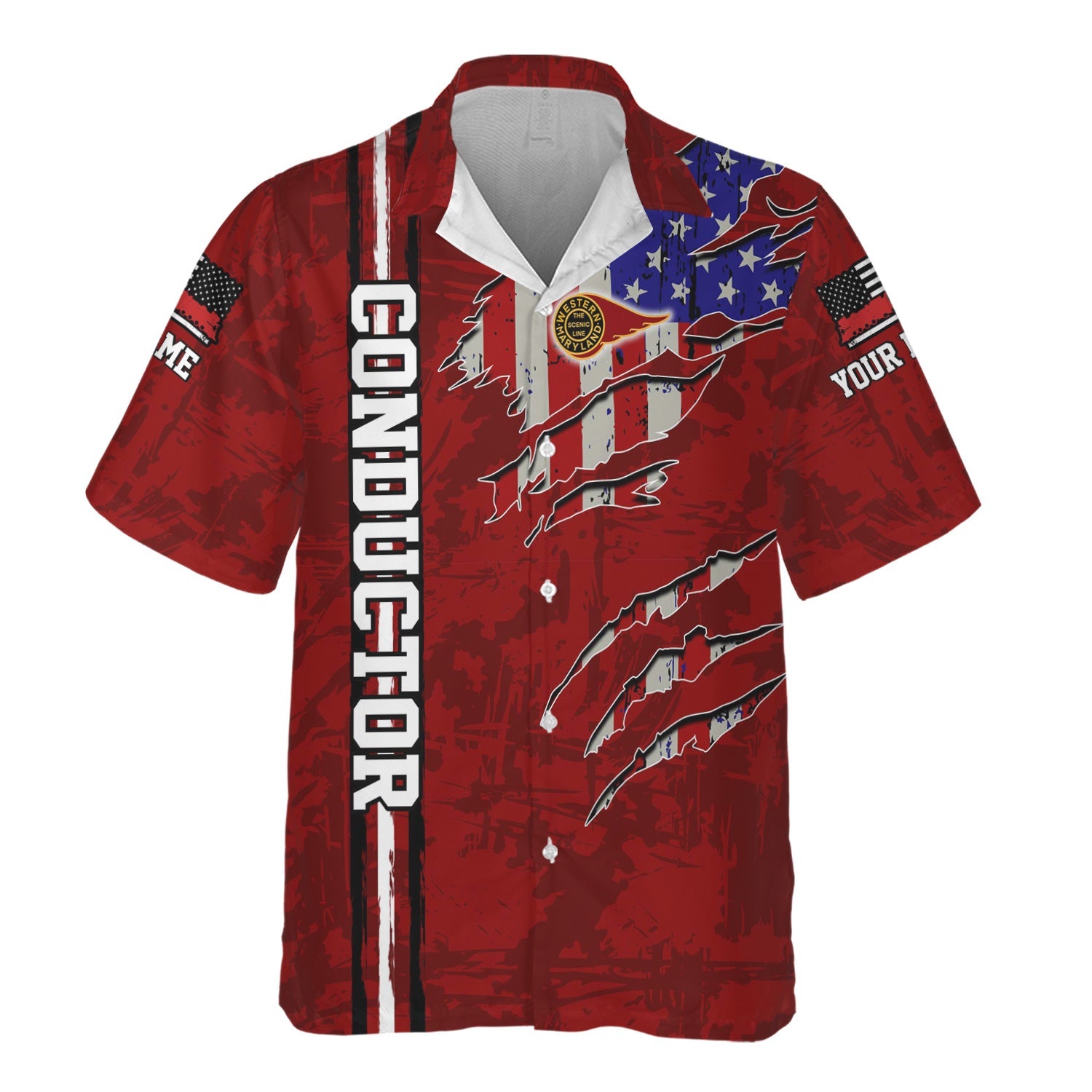 Railspirit Personalized Western Maryland Railway Hawaiian Shirt USA Flag Claw Art with Custom Job Train Shirt