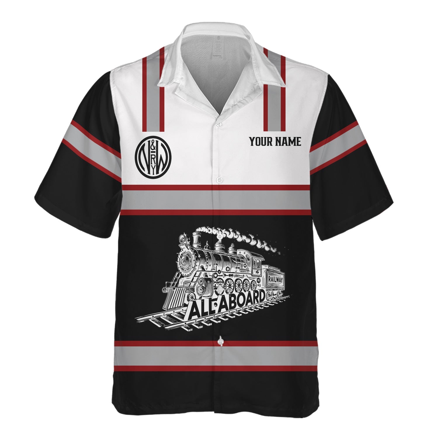 Railspirit Custom Name Norfolk and Western Railway Hawaiian Shirt Eat Train Sleep Repeat N&W Printed Train Shirt