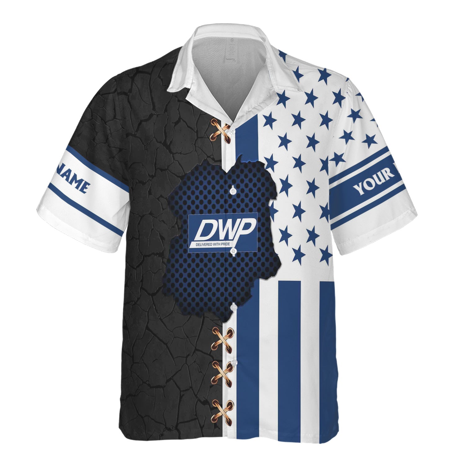 Railspirit Personalized Duluth, Winnipeg and Pacific Railway Hawaiian Shirt American Flag with Crack Effect Train Shirt