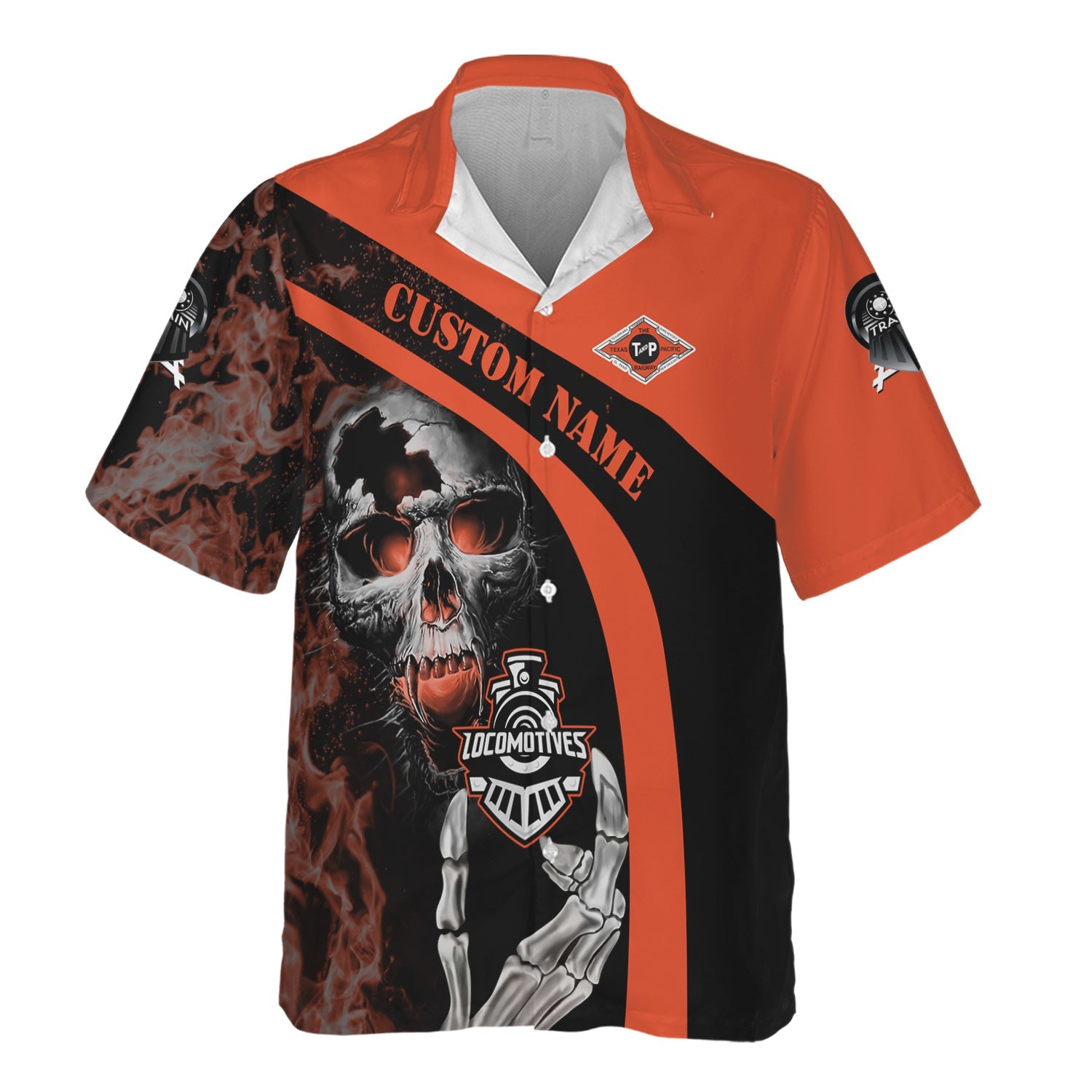 Railspirit Personalized Texas and Pacific Railway Hawaiian Shirt Flame Skull Design Train Shirt for Locomotive Fans